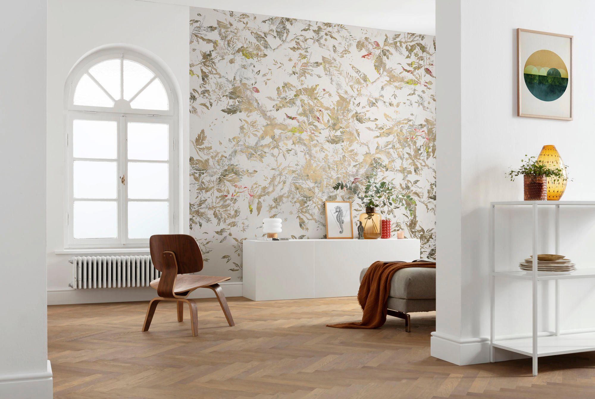 Komar Vliestapete Digitaldruck Vlies - Golden Feathers - Größe 300 x 280 cm, glatt, bedruckt, Wohnzimmer, Schlafzimmer