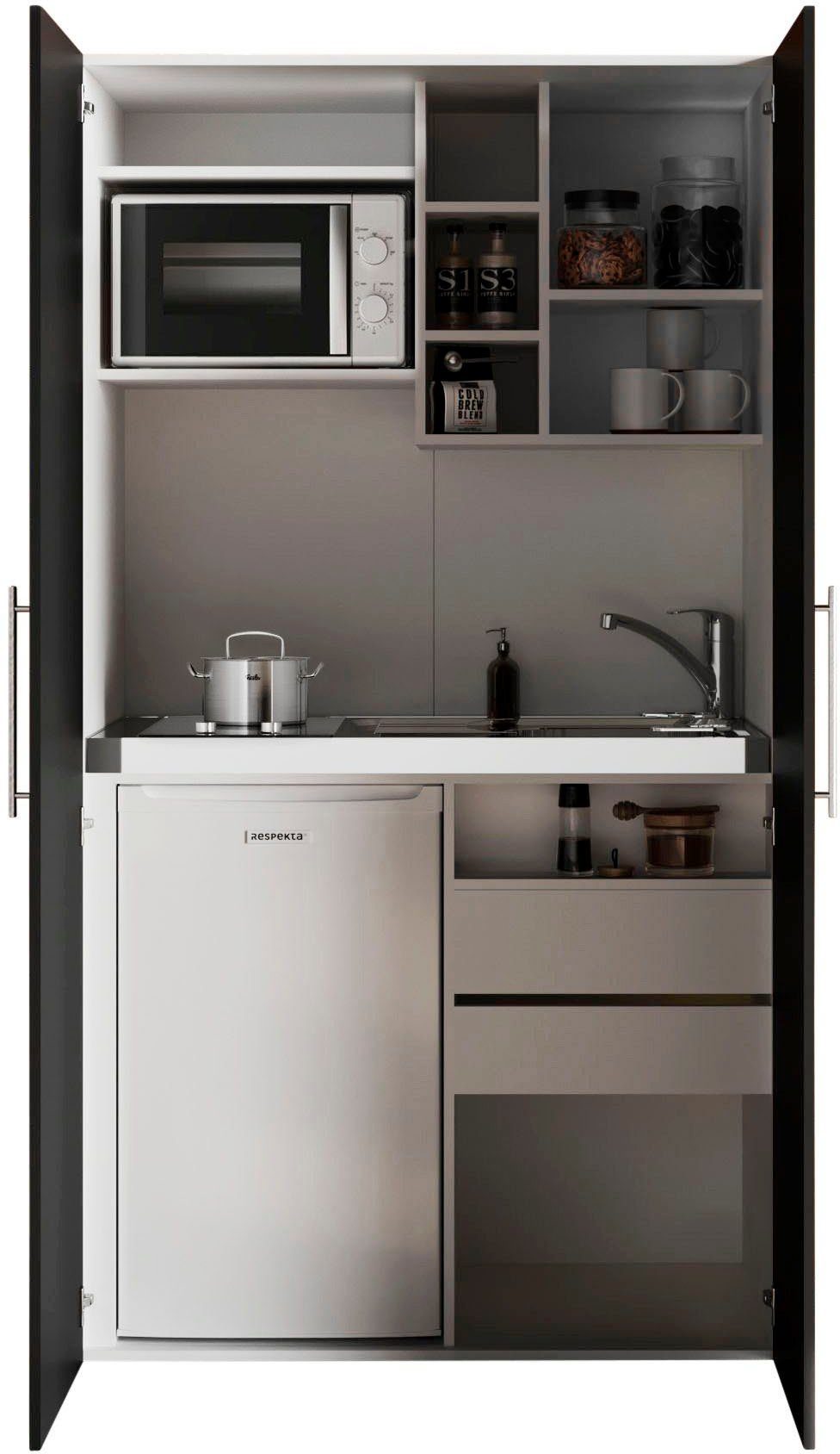 RESPEKTA Pantryküche Peter, Kochfeld von SCHOTT CERAN®, wahlw. mit Mikrowelle, Korpus Weiß, Breite 104 cm, in exclusiver Konfiguration für OTTO