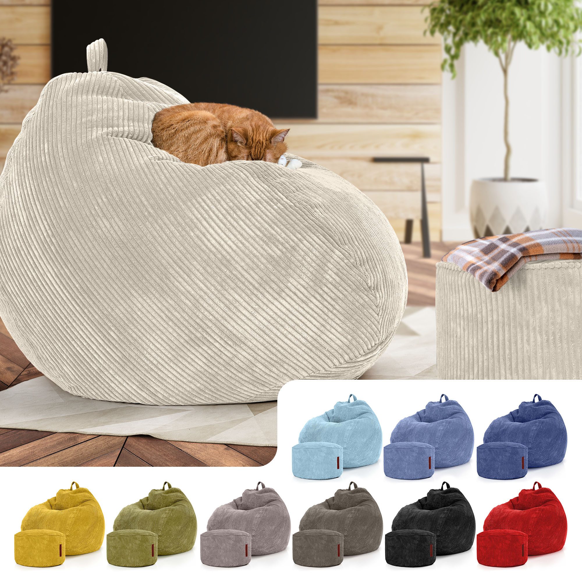 Green Bean Sitzsack XXL Sitzsack Scoop + Hocker aus Cord, Indoor Sitzkissen mit Sitzhocker, Relax Sessel