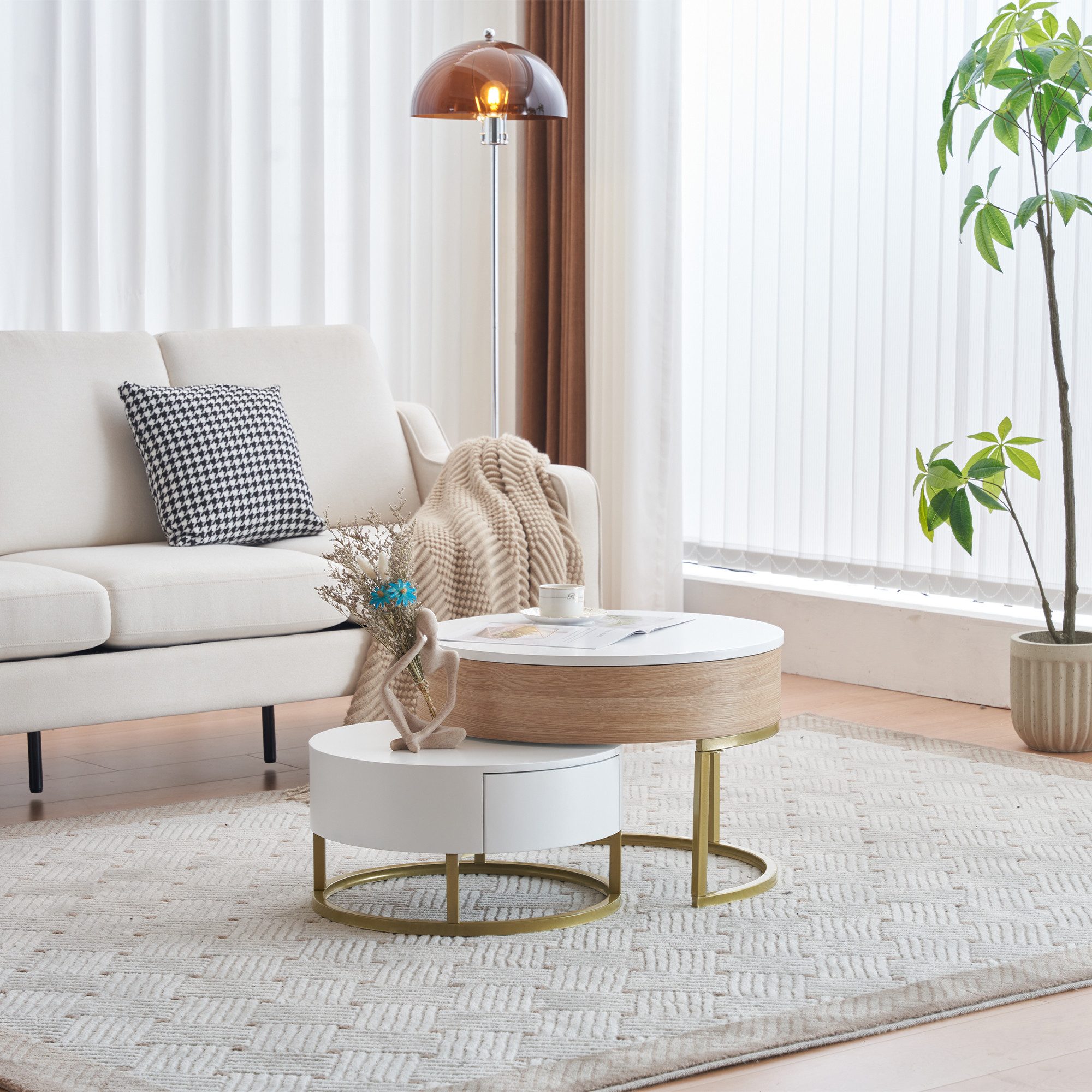HAUSS SPOLE Couchtisch 2er-Set hochklappbare Couchtisch mit zwei Schubladen Weiß und natur (2-St., 2 Schubladen), mit goldenen Metallrahmen, ausziehbarer Tischplatte