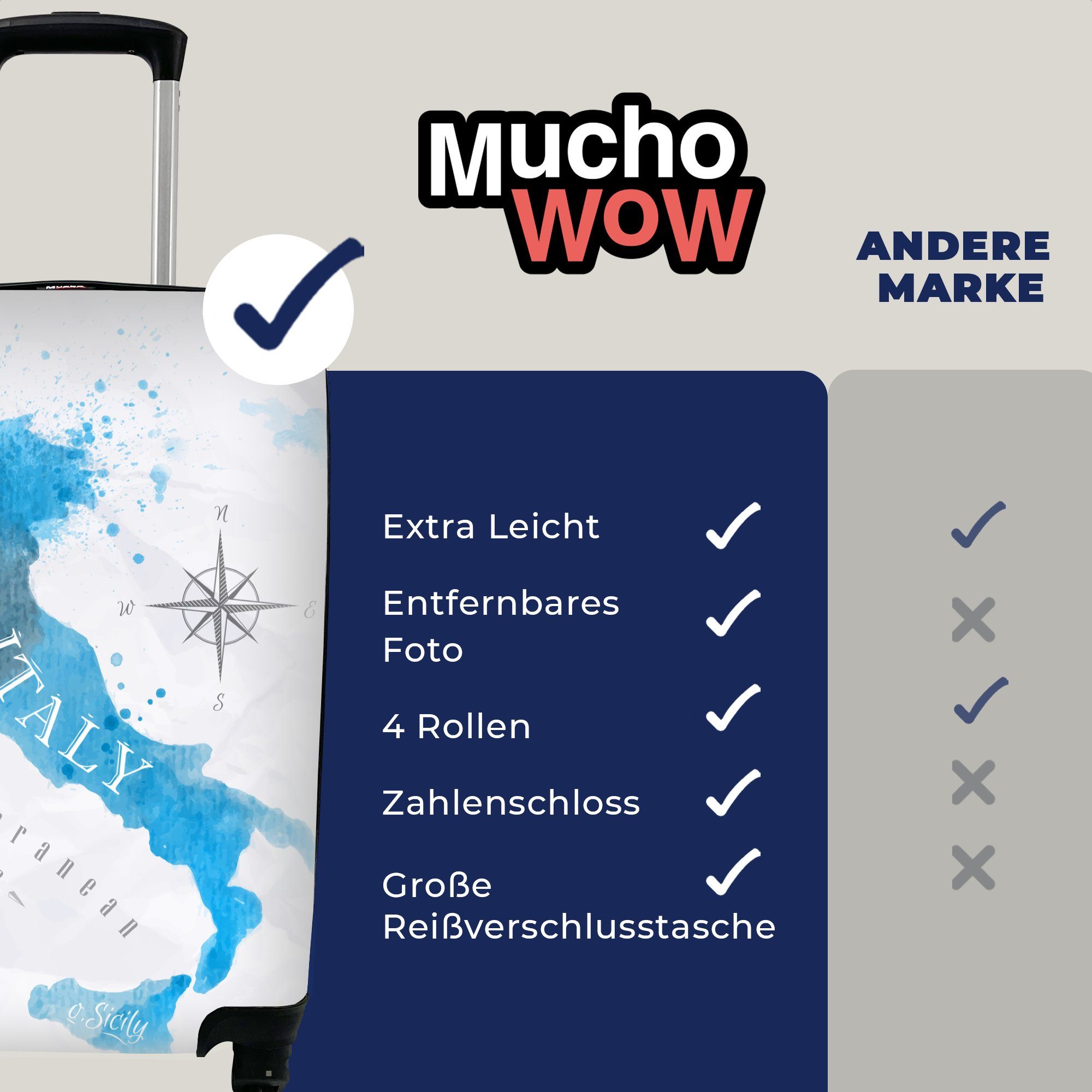 MuchoWow Handgepäckkoffer Weltkarte - Blau Reisetasche Ferien, 4 - mit Rollen, Trolley, Italien, Reisekoffer Handgepäck rollen, für
