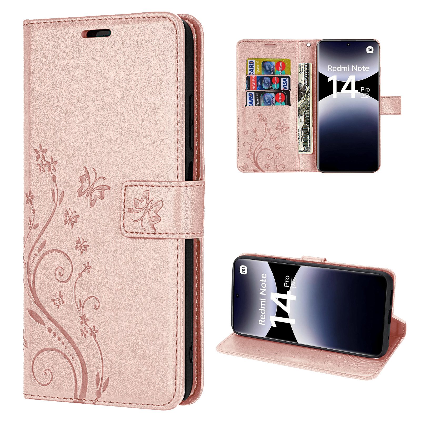 betterfon Handyhülle für Xiaomi Redmi Note 14 Pro 5G Wallet Case Flip Cover, Bookstyle-Hülle: Magnetverschluss 3 Kartenfächer & Standfunktion