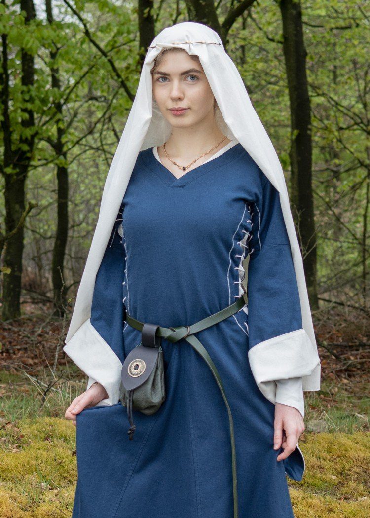 Battle Merchant Ritter-Kostüm Spätmittelalterliches Höllenfensterkleid Bliaut Amal Blau/Natur XXL