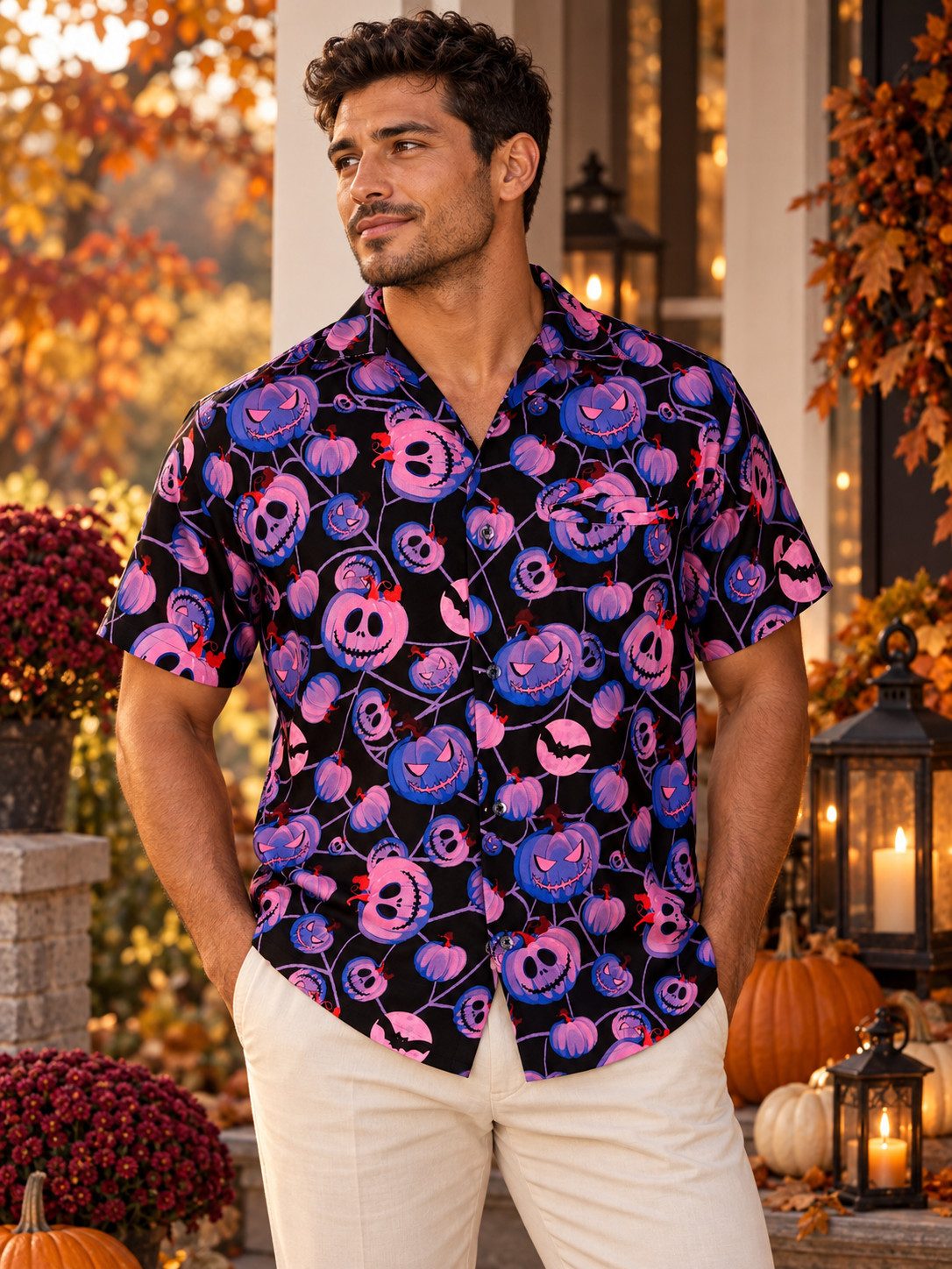 King Kameha Hawaiihemd "Halloween Pumpkin Web" Funky Hawaii-Hemd Kurzarm Front-Tasche Unisex – Bild 2 von 5