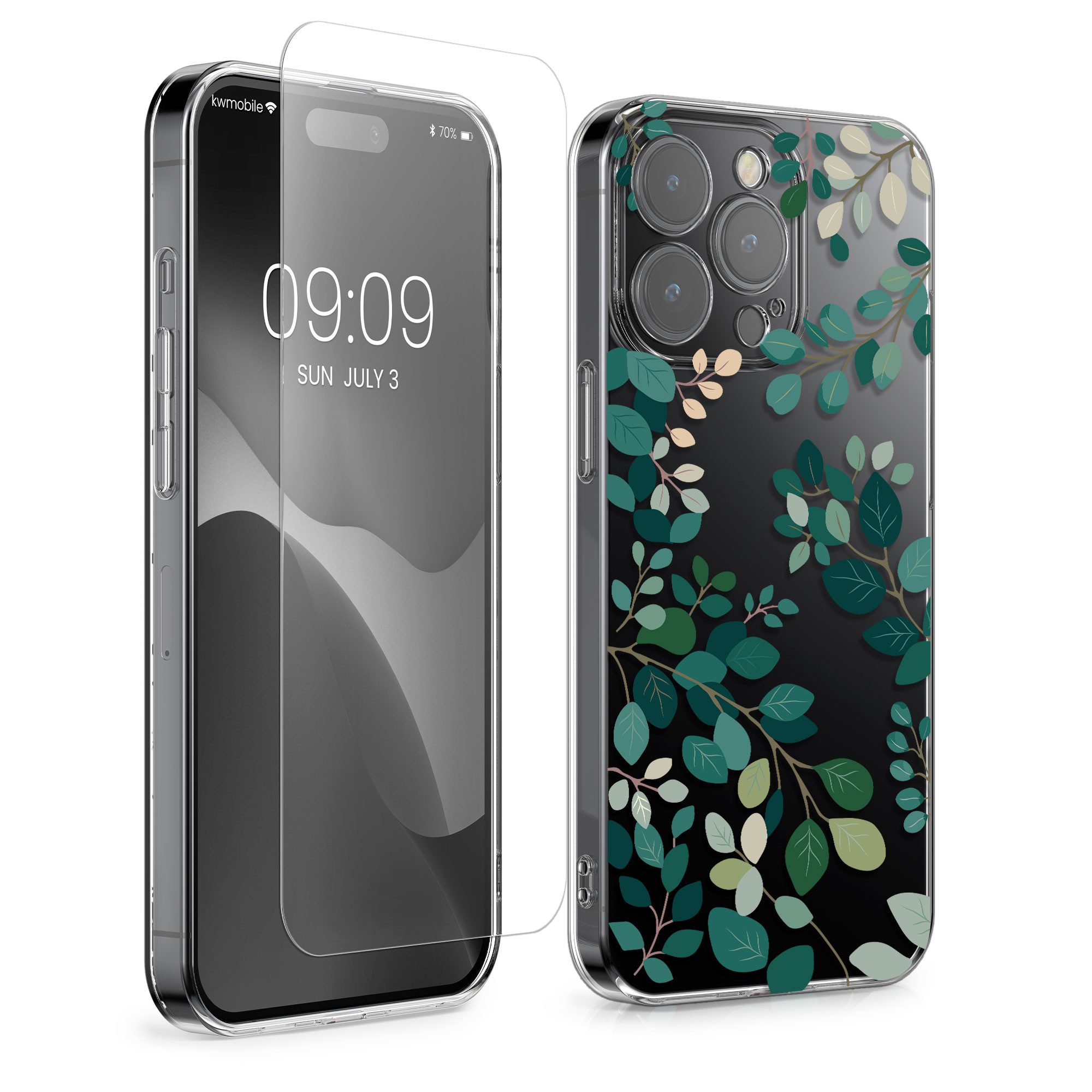 kwmobile Handyhülle Hülle für Apple iPhone 15 Pro Handyhülle - Silikon, Case mit Schutzfolie Frühlingsblätter Design