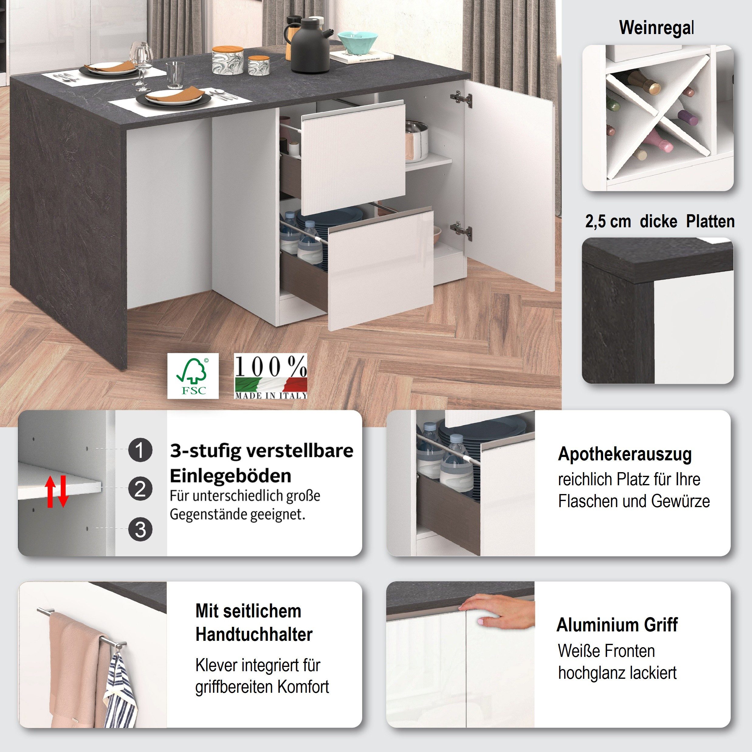 KOCHSTATION Kücheninsel KS-Sole, Kochinsel, Küchenarbeitsblock, Inselküche, Arbeitsinsel, Breite 152,5 cm, mit Essplatz, Handtuchhalter, Fächer und Weinregal