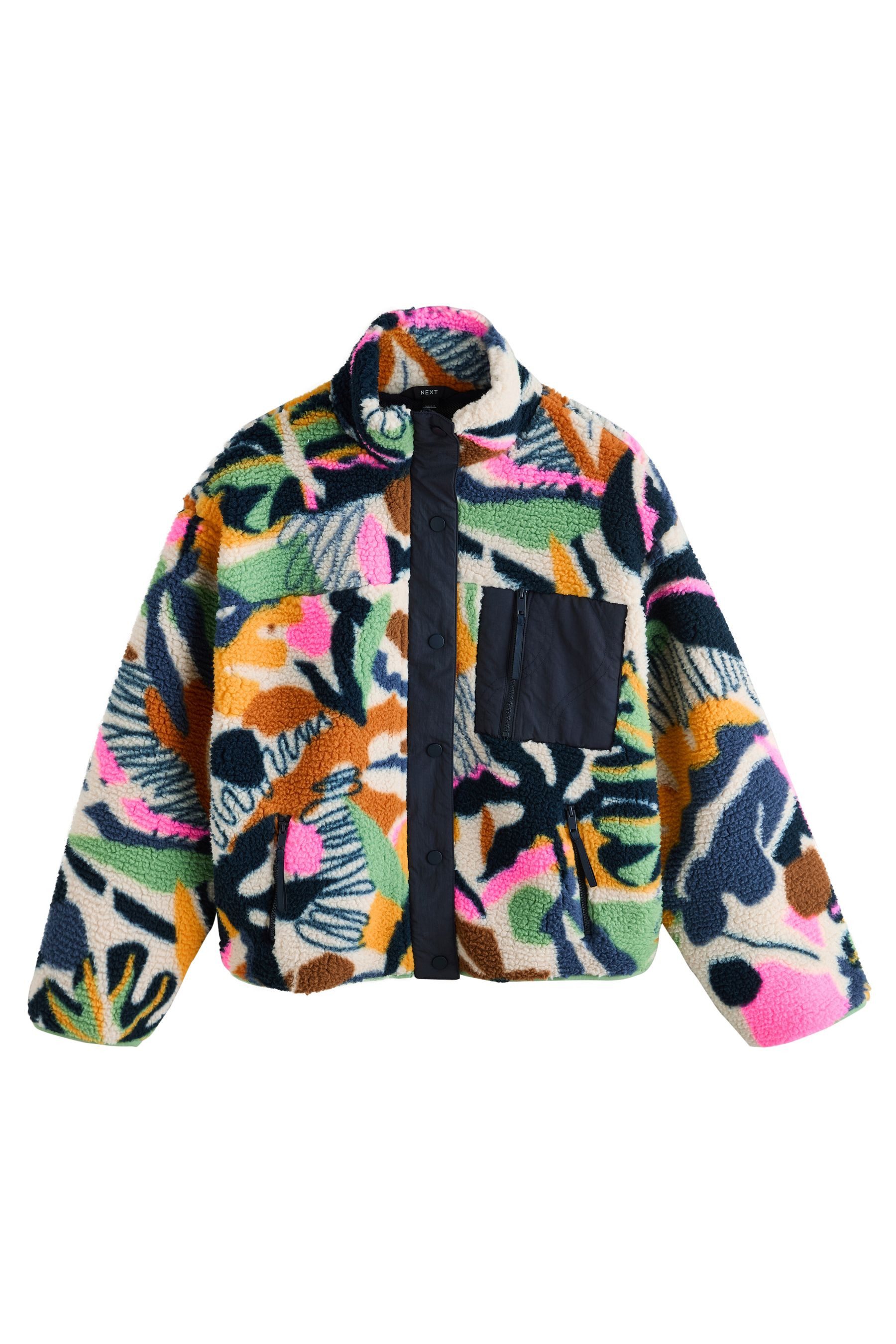 Next Fleecejacke Geknöpfte Borgjacke mit Grafik, Kurzgröße (1-St)