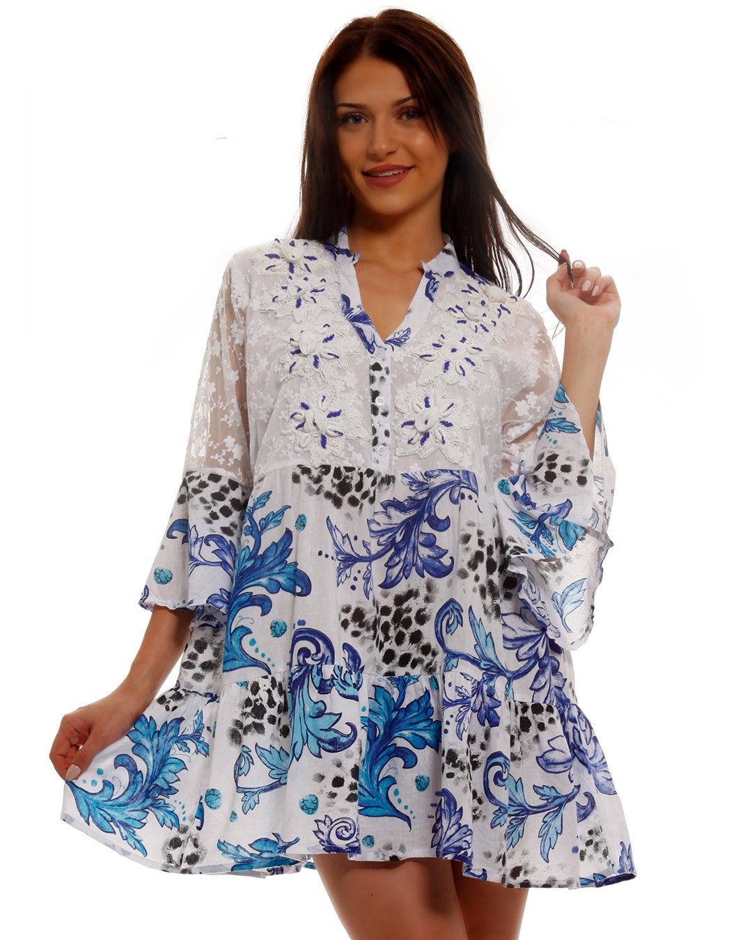 YC Fashion & Style Tunikakleid »Boho Minikleid Tunika Kleid mit Spitze«  (1-tlg) mit Blumendruck, mit Volant online kaufen | OTTO