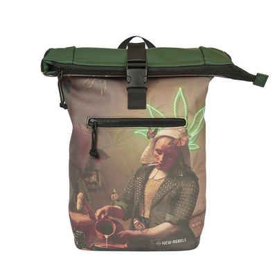 NEW REBELS Freizeitrucksack Roll Up RollTop Kurier Rucksack New York Milkmaid, Motiv: kiffendes Mädchen, Hanfblatt, Laptopfach, wasserabweisend