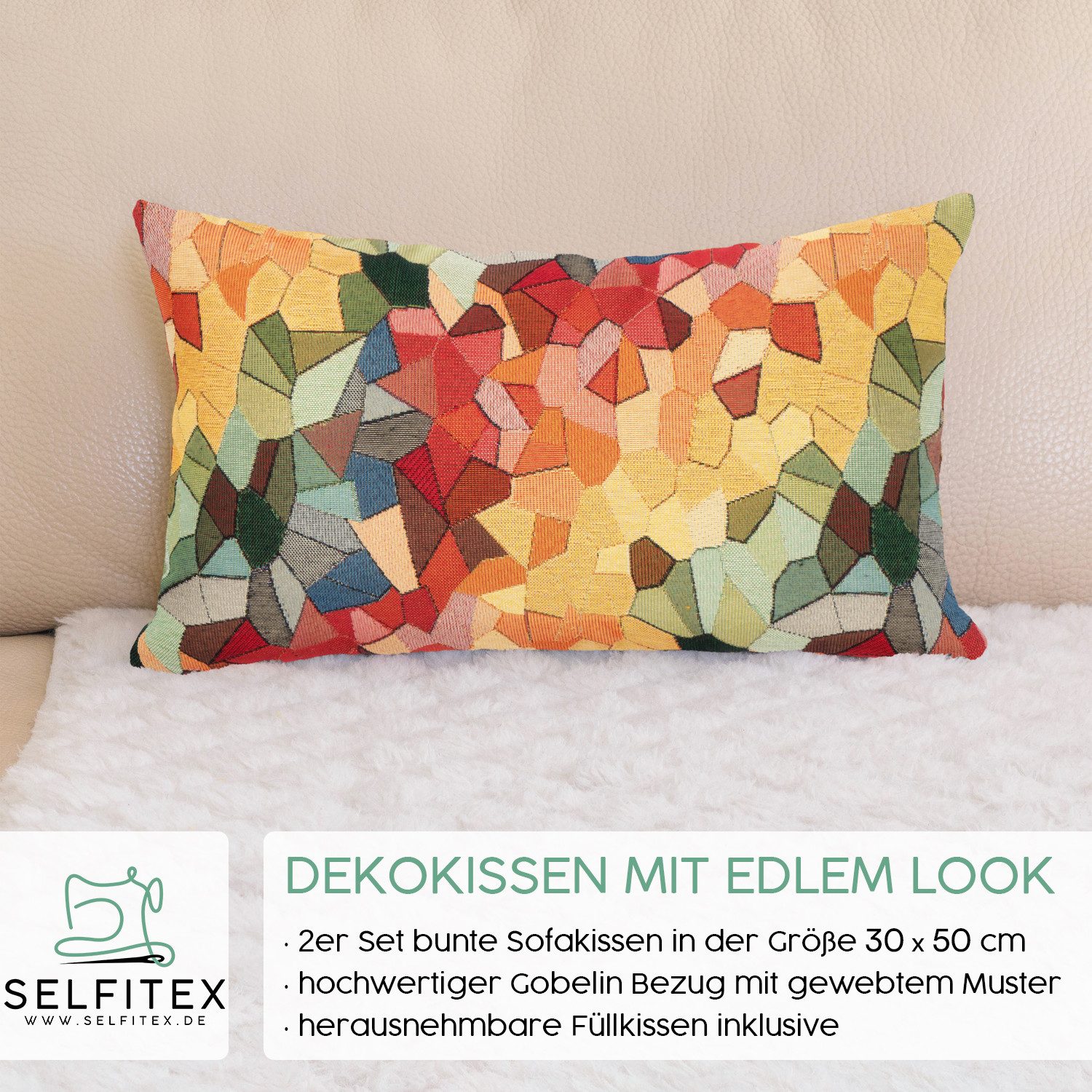 Selfitex Dekokissen mit buntem Muster im 2er Set, 30x50/40x40/50x50 inkl. Füllkissen, hochwertig gewebter Gobelin Kissenbezug mit weichem Füllkissen