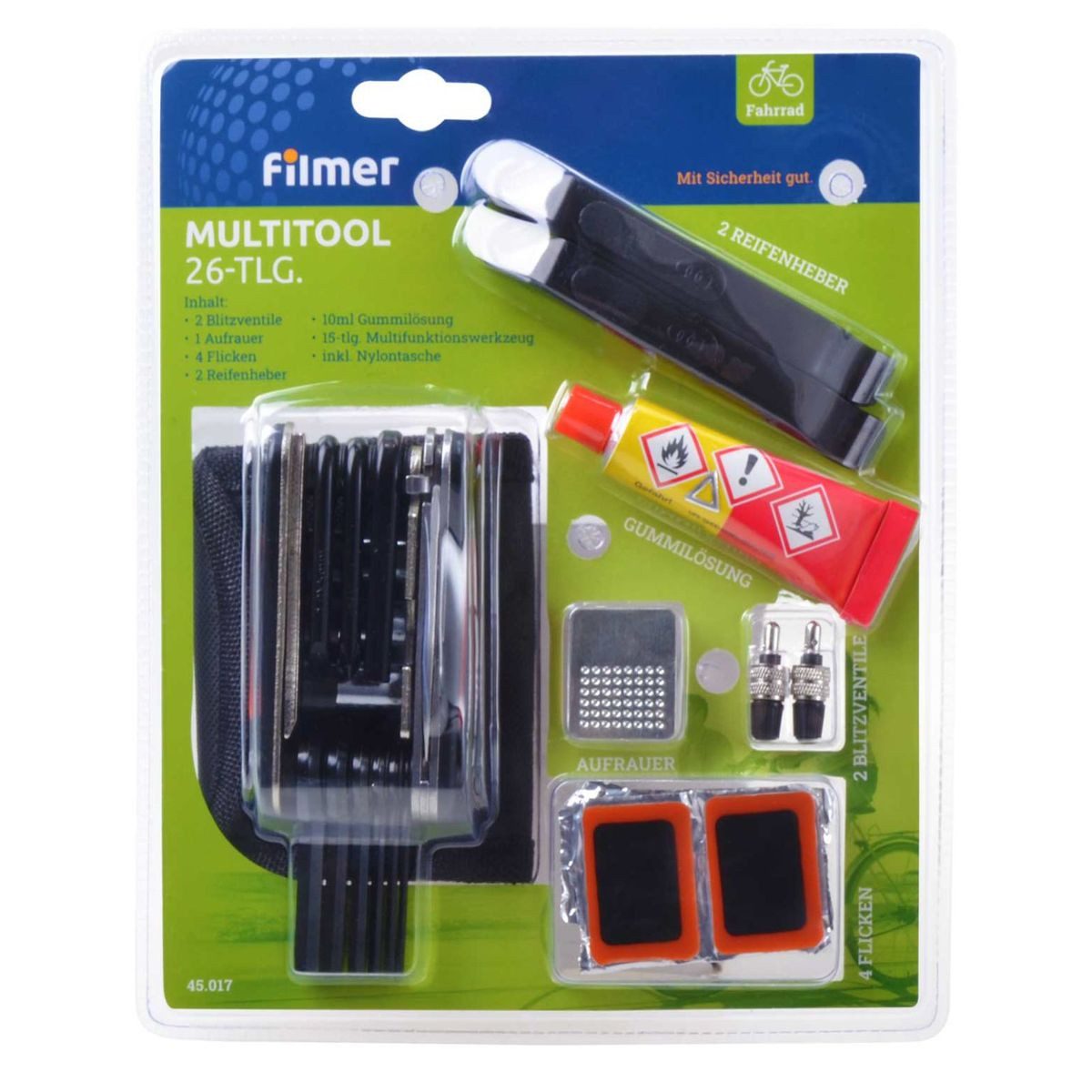 Filmer Multitool Reparaturset 26 Teile 15in1 Multifunktionswerkzeug Fahrrad, 26 Teile, mit Multitool und Nylontasche