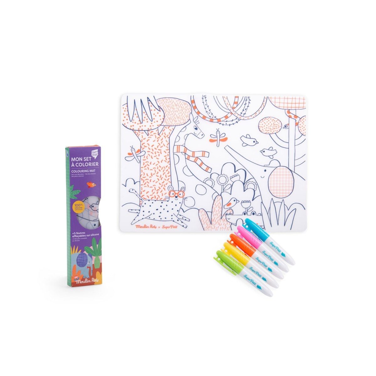 Moulin Roty Malvorlage Toupitis Tischset + 5 abwaschbare Filzstifte Mal-Tischset für (Set), Mal-Tischset