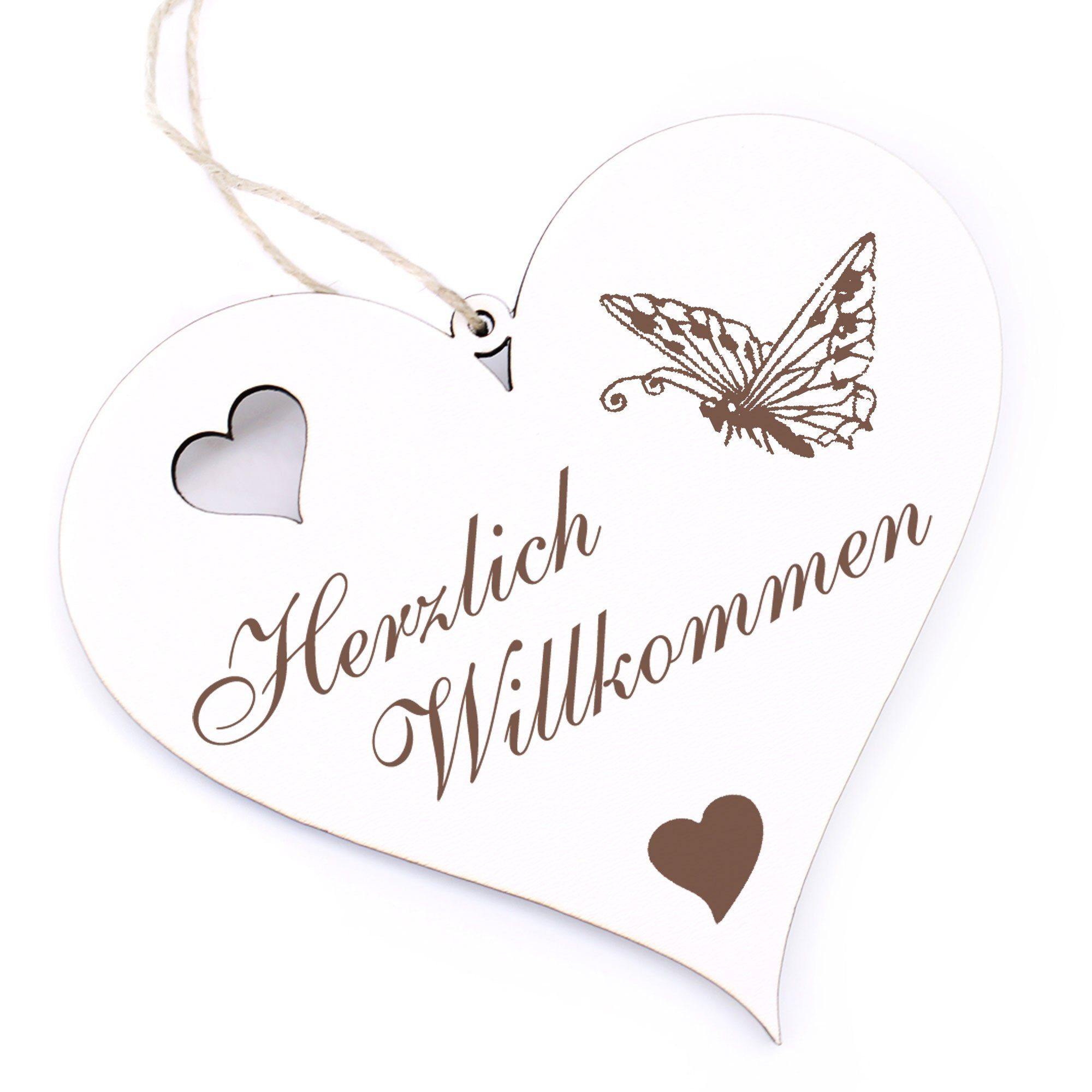 Dekolando Hängedekoration Herzlich Willkommen - fliegender Schmetterling - 13x12cm