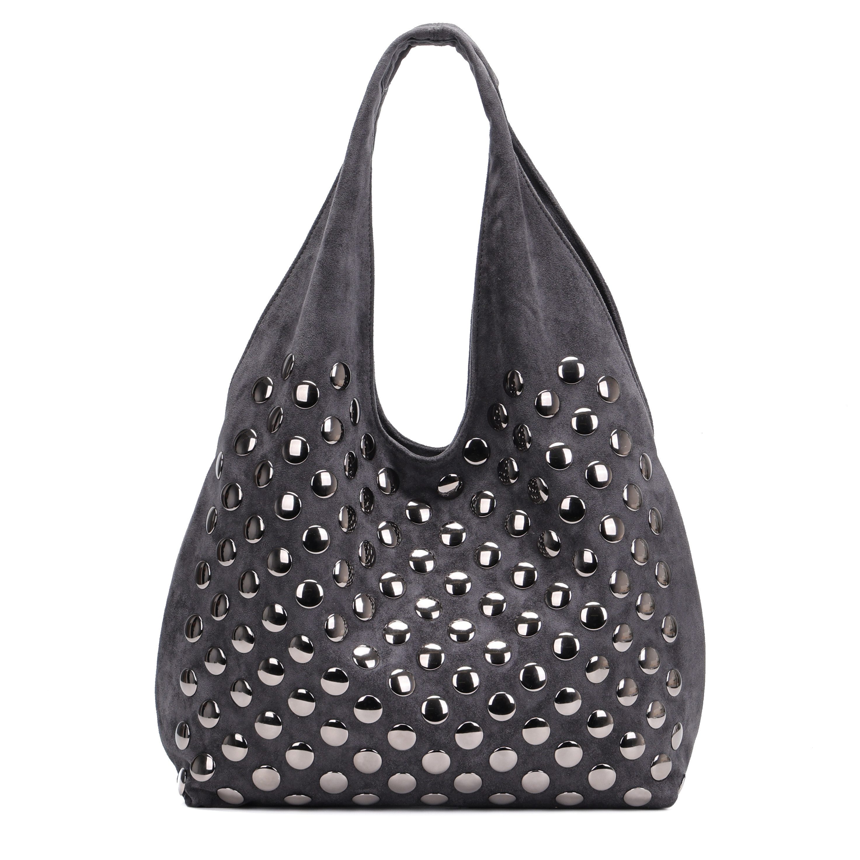MIRROSI Shopper Damen Hobo Bag Schultertasche Wildleder-Optik mit Nieten (Shopper Handtasche aus Stoff, ca. 38x12x29 cm), Neue Kollektion Herbst/Winter 2026