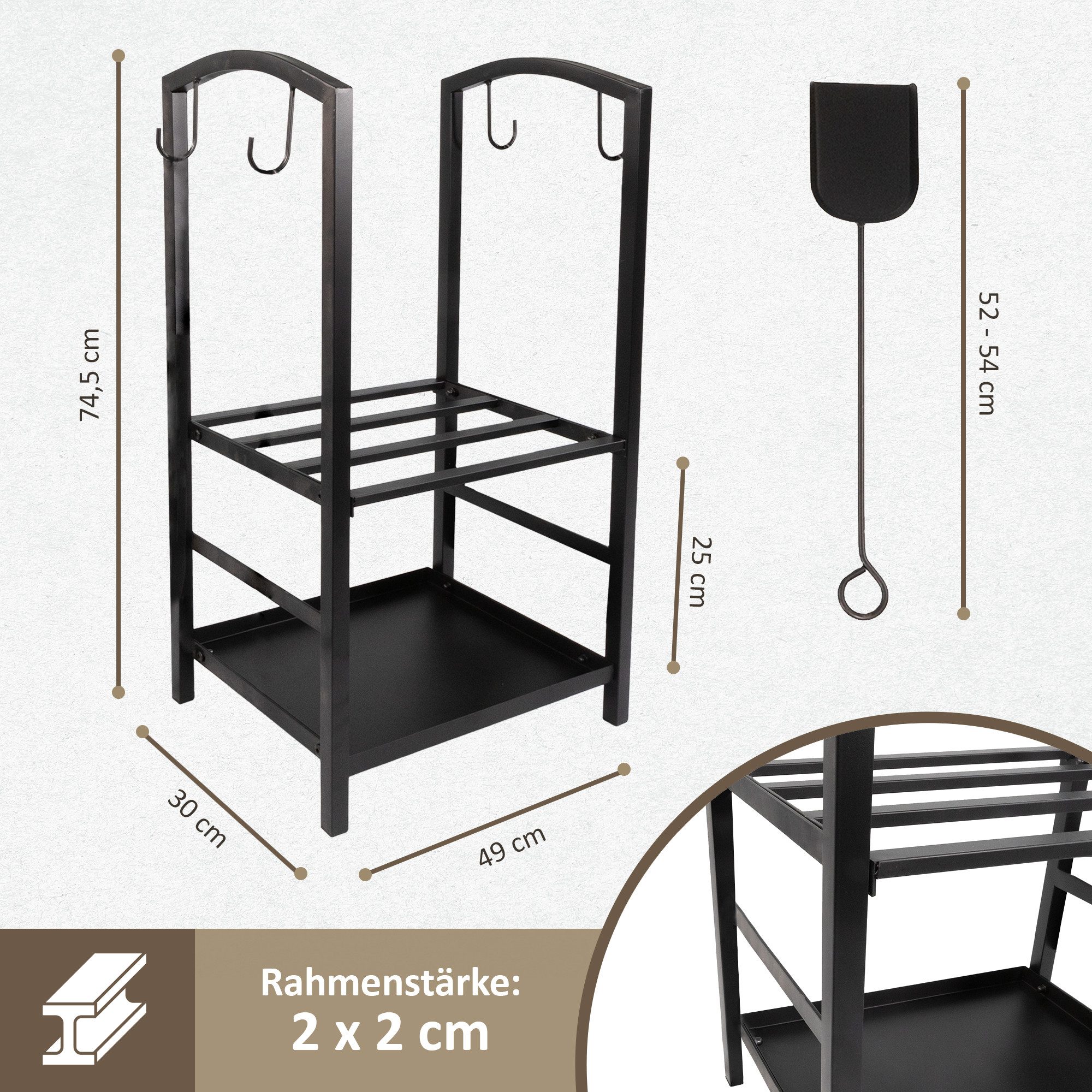 Lemodo Kaminholzregal mit 4 teiligem Kaminbesteck, Metallregal, Brennholzregal, BxTxH:30x49x74,5 cm, LxBxH:49x30x74,5cm