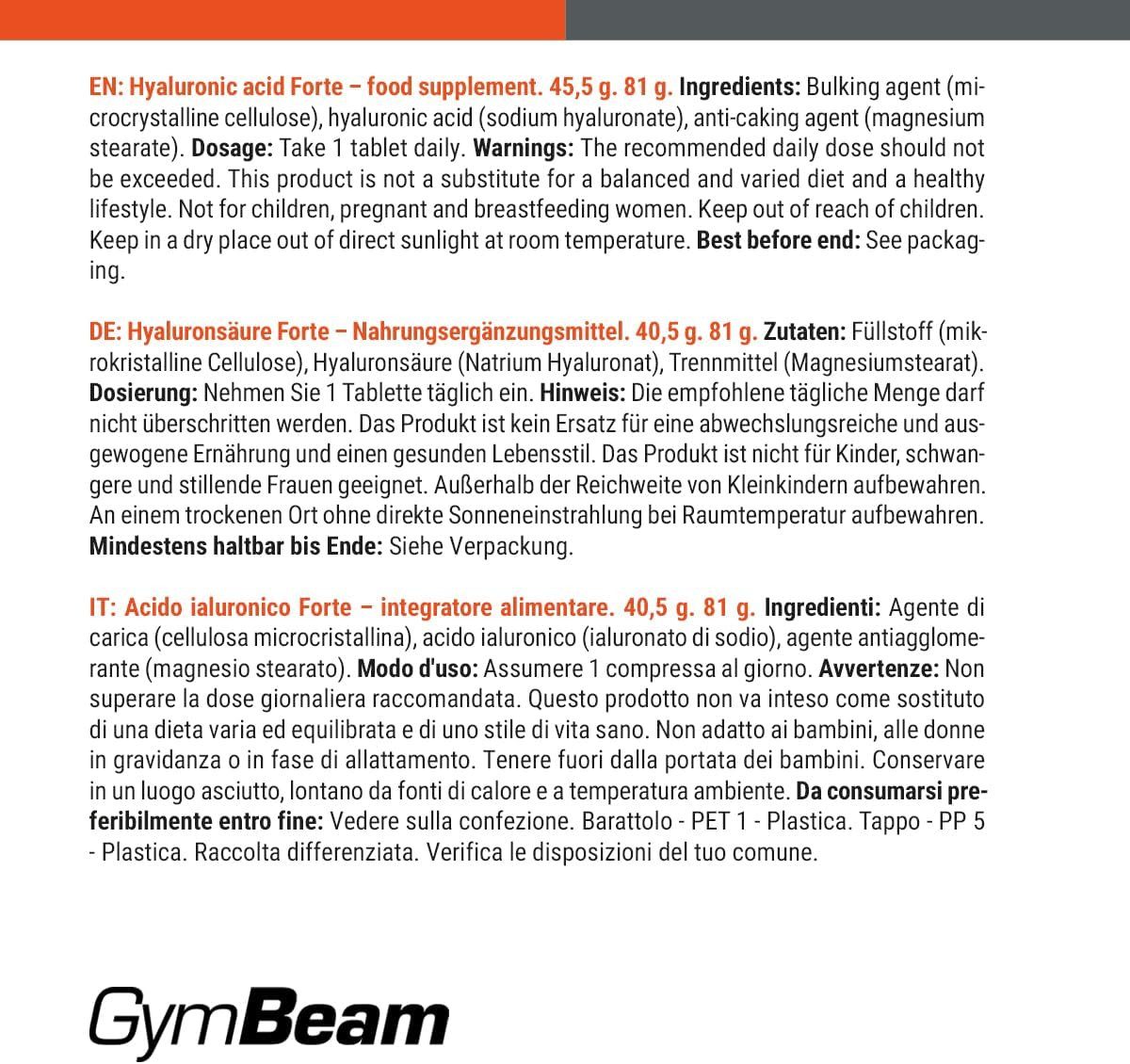 GymBeam Hyaluronsäure Forte Tabletten, 90 St., 40,5 g, jugendliche Haut, Hydratation, Gelenke/Haare, natürliche Bestandteile