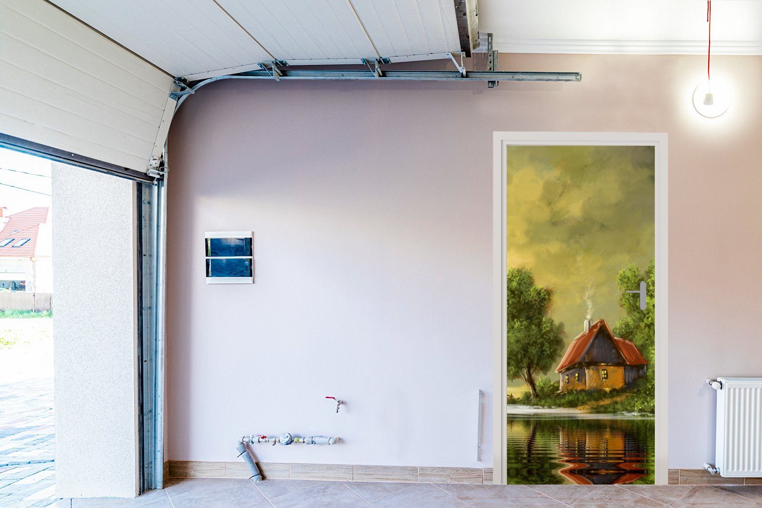 MuchoWow Türtapete Gemälde cm - Ölfarbe Türaufkleber, Matt, - St), Fototapete Natur Tür, - Wasser, (1 Haus - 75x205 bedruckt, für