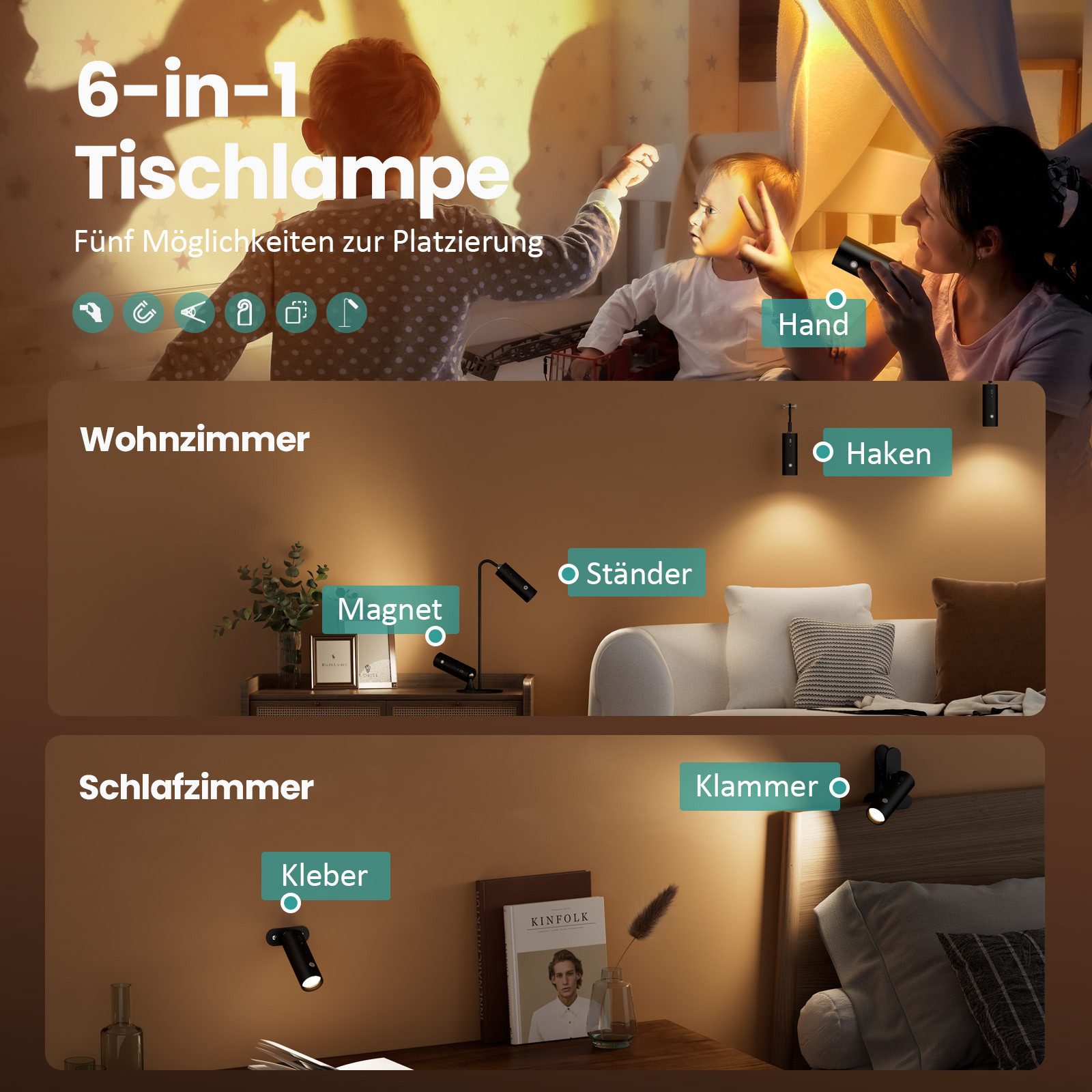 EMKE Nachttischlampe Tischlampe Schreibtischlampe 6-in-1 magnetische Wandleuchte, Dimmbar, LED fest integriert, Neutralweiß, Tagelichtweiß, Warmweiß, Abnehmbare Lichtquelle