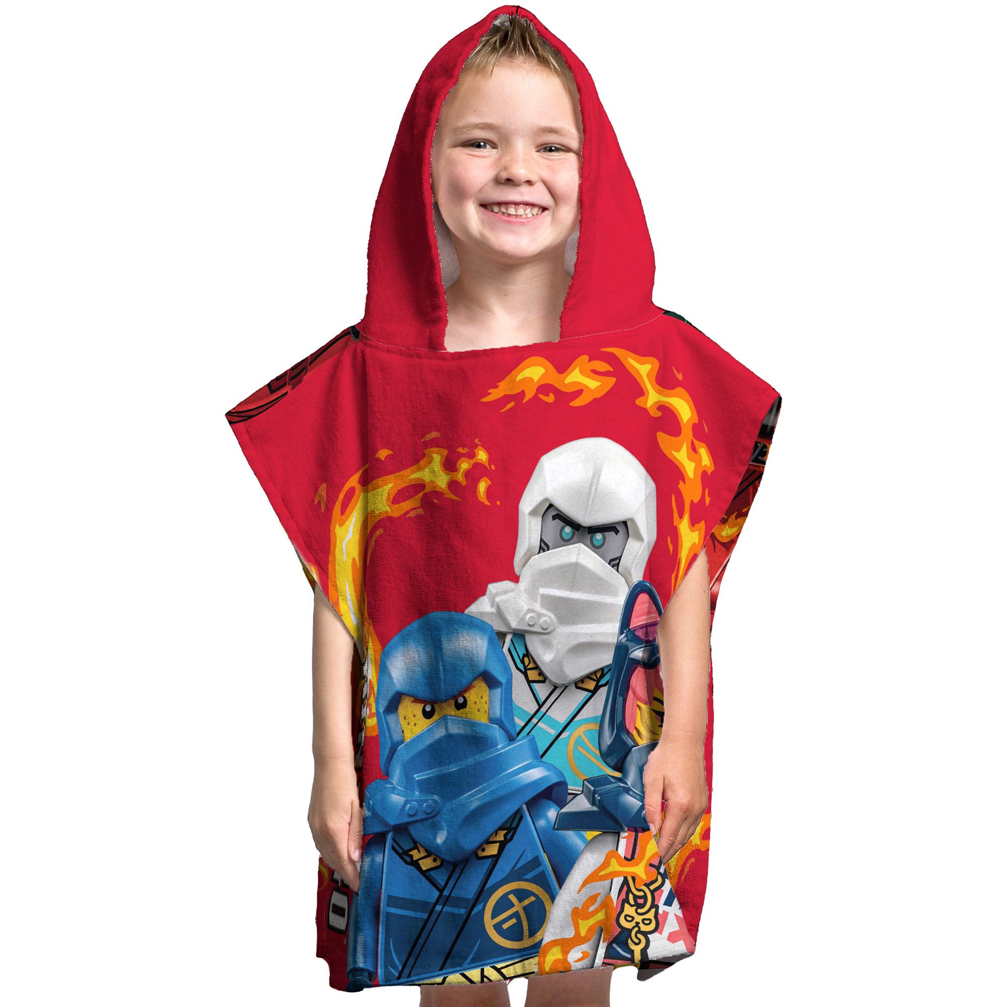 BERONAGE Kapuzenhandtuch LEGO Ninjago Kinder Kapuzen Bade-Poncho Rot 60x120 cm Bademantel, (1-St), Frottee in Velours-Qualität