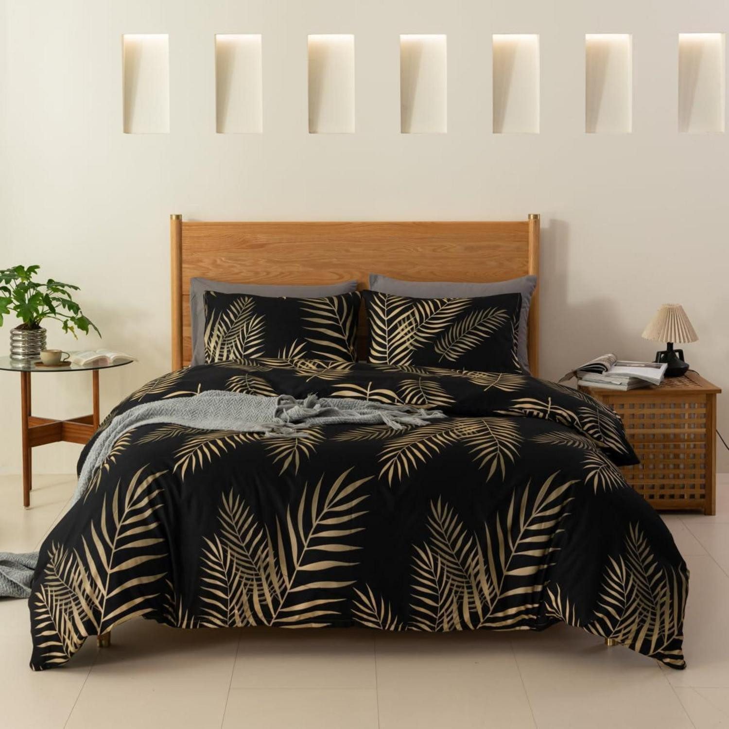 LuxusKollektion Wendebettwäsche Bettwäsche 135x200 Schwarz Gold Blätter Wendebettwäsche