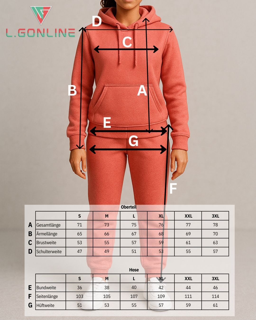 L.gonline Freizeitanzug Damen Freizeitanzug Jogginganzug Sweatwear 704 (Kapuzenjacke mit Reißverschluss, Hose, 2-tlg), Fitness Freizeit Casual – Bild 5 von 5