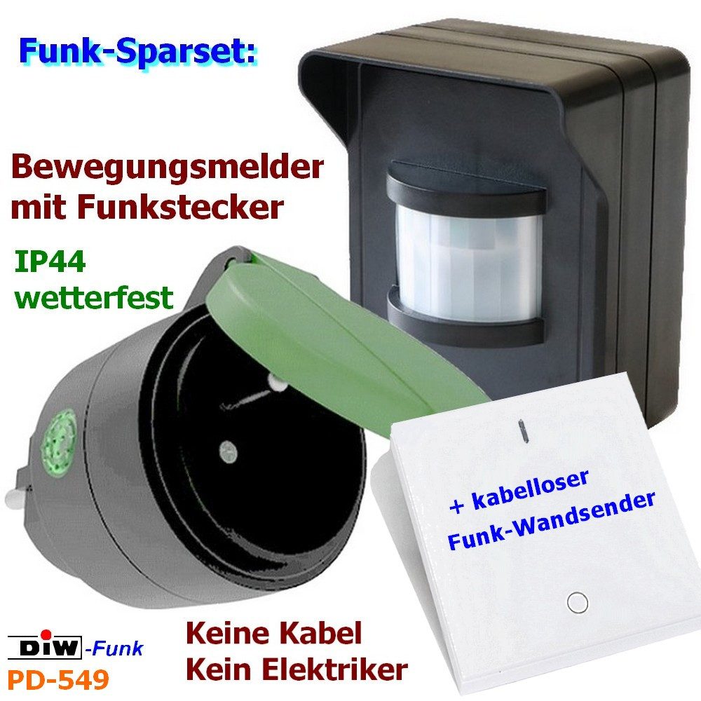 DIW-Funk Bewegungsmelder PD-549 Funkbewegungsmelder Outdoor+ Funkstecker+Wandsender, (Spar-Set, 3-St., Bewegungsmelder DIW-44, Outdoorstecker DOR-2300, Wandsender DWS-11), Bewegungsmelder und Outdorstecker mit IP44 Zertifizierung