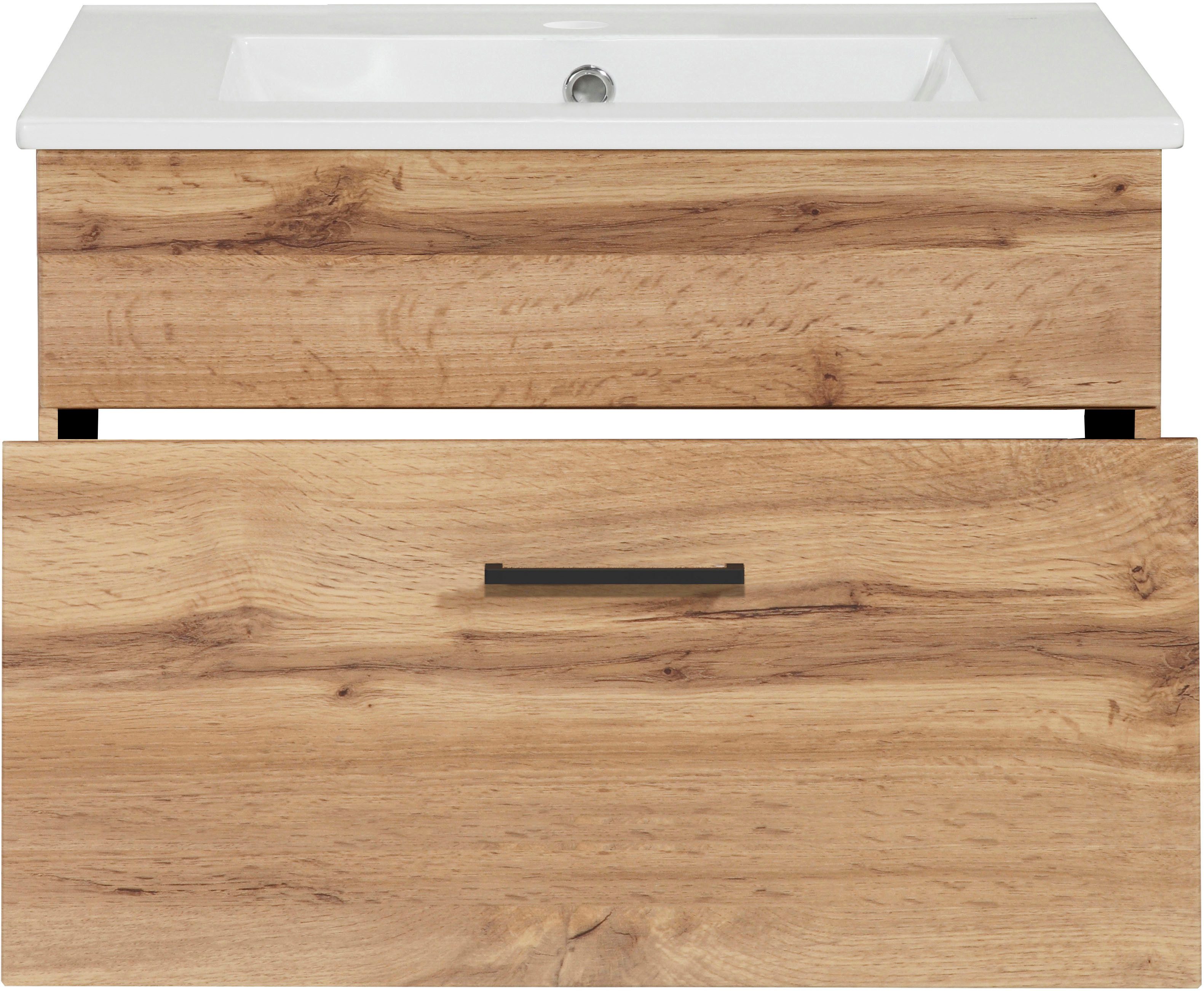 welltime Waschtisch Trento Light mit Keramik-Auflagebecken, 1 feste Blende und 1 Auszug, Breite: 61cm, Wotaneiche – Bild 4 von 5