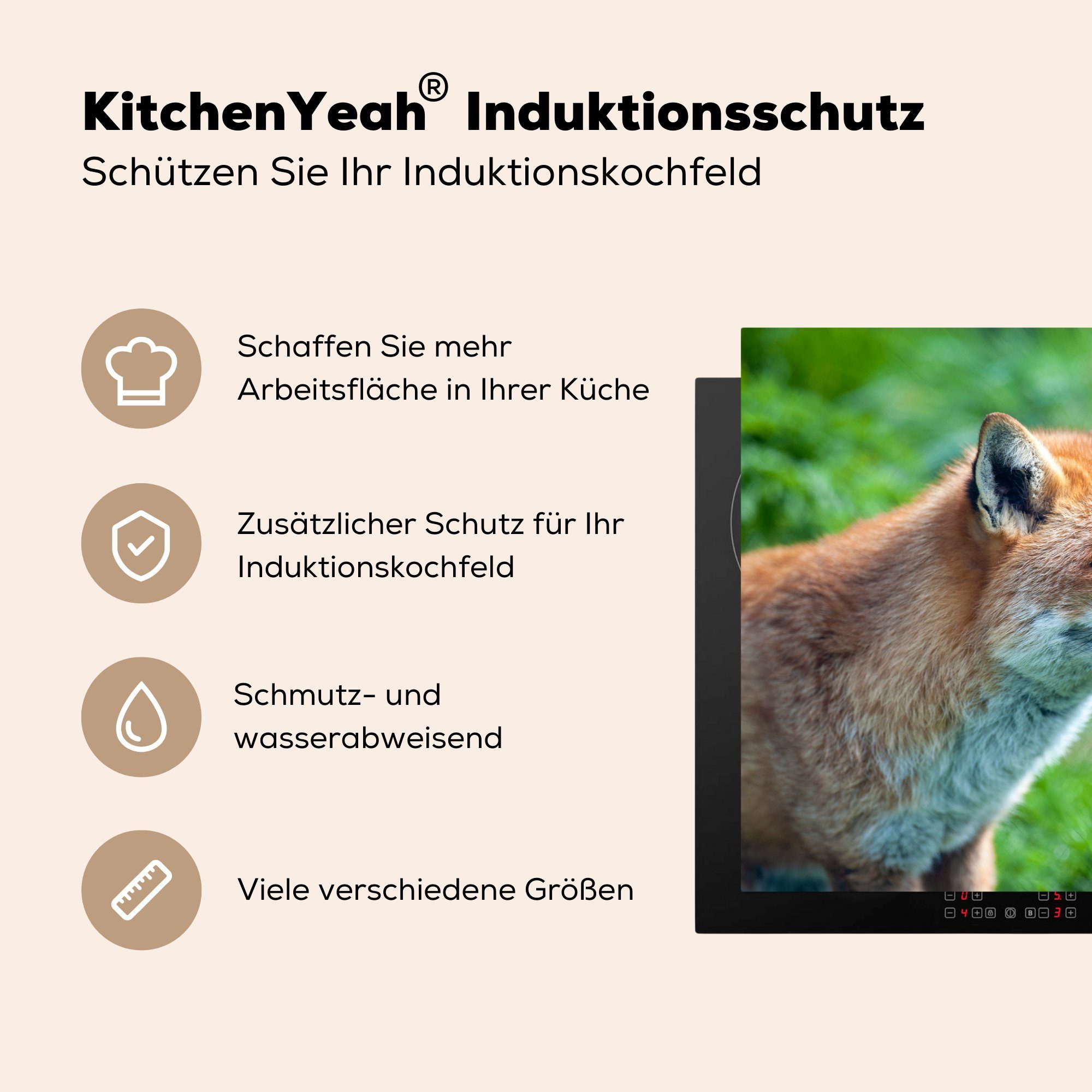 MuchoWow Herdblende-/Abdeckplatte Tiere - Gras (1 Induktionskochfeld tlg), für küche, Schutz Vinyl, cm, Ceranfeldabdeckung Fuchs, - die 81x52