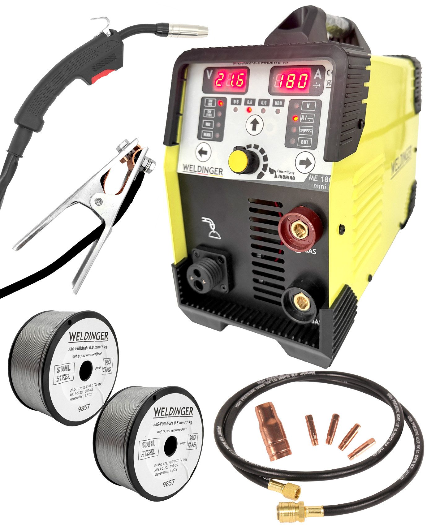 WELDINGER Schutzgasschweißgerät MIG/MAG-Schweißgerät ME180 mini Fülldrahtset synergisch mit Zubehör, 30 - 180 A, 4-tlg., Synergie, ultrakompakte Abmessung, besonders einfache Bedienung