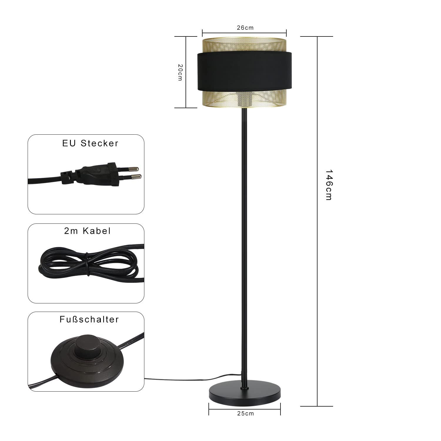 ohne Stoff Retro ZMH Leuchtmittel Fußschalter mit Design Industrial Stehlampe Lampenschirm, E27