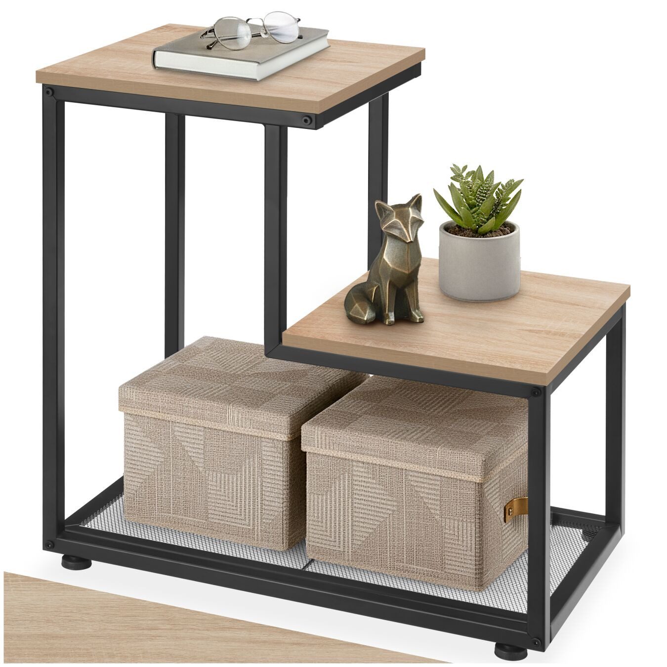 tectake Beistelltisch Nachttisch, 60,5 x 35,5 x 60,5 cm, mit 2 Ablagen und Gitterablage (Couchtisch Industrial Style Halifax, 1-St., in Industrial Holz hell, Eiche Sonoma), Industrial Style, Holz und Stahl, höhenverstellbare Kunststofffüße