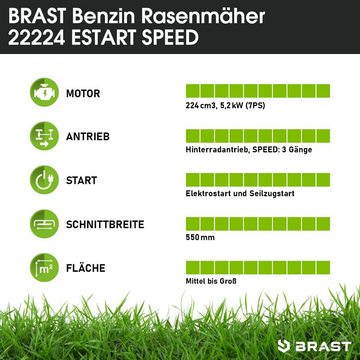 BRAST Benzinrasenmäher mit Antrieb 5,2kW (7PS)  inkl. Motoröl, TÜV, 55 cm Schnittbreite, 60L Fangkorb, 4 Takt OHV Motor, Stahlgehäuse, ESTART SPEED