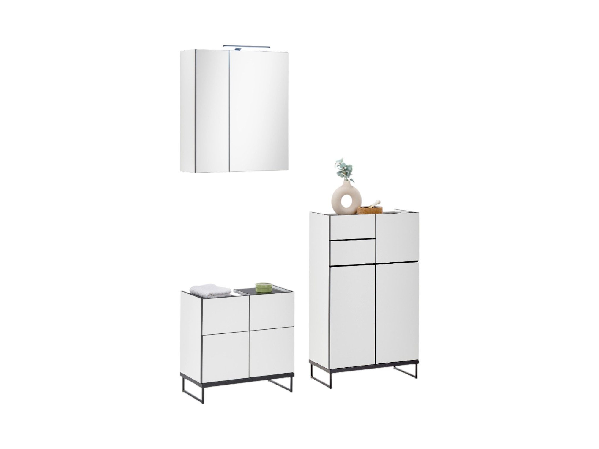 moebel-dich-auf Badmöbel-Set VENEZIA, (Set 3, 3-St., Spiegelschrank, Waschbeckenunterschrank, Highboard), weiß matt, Absetzung: schwarz