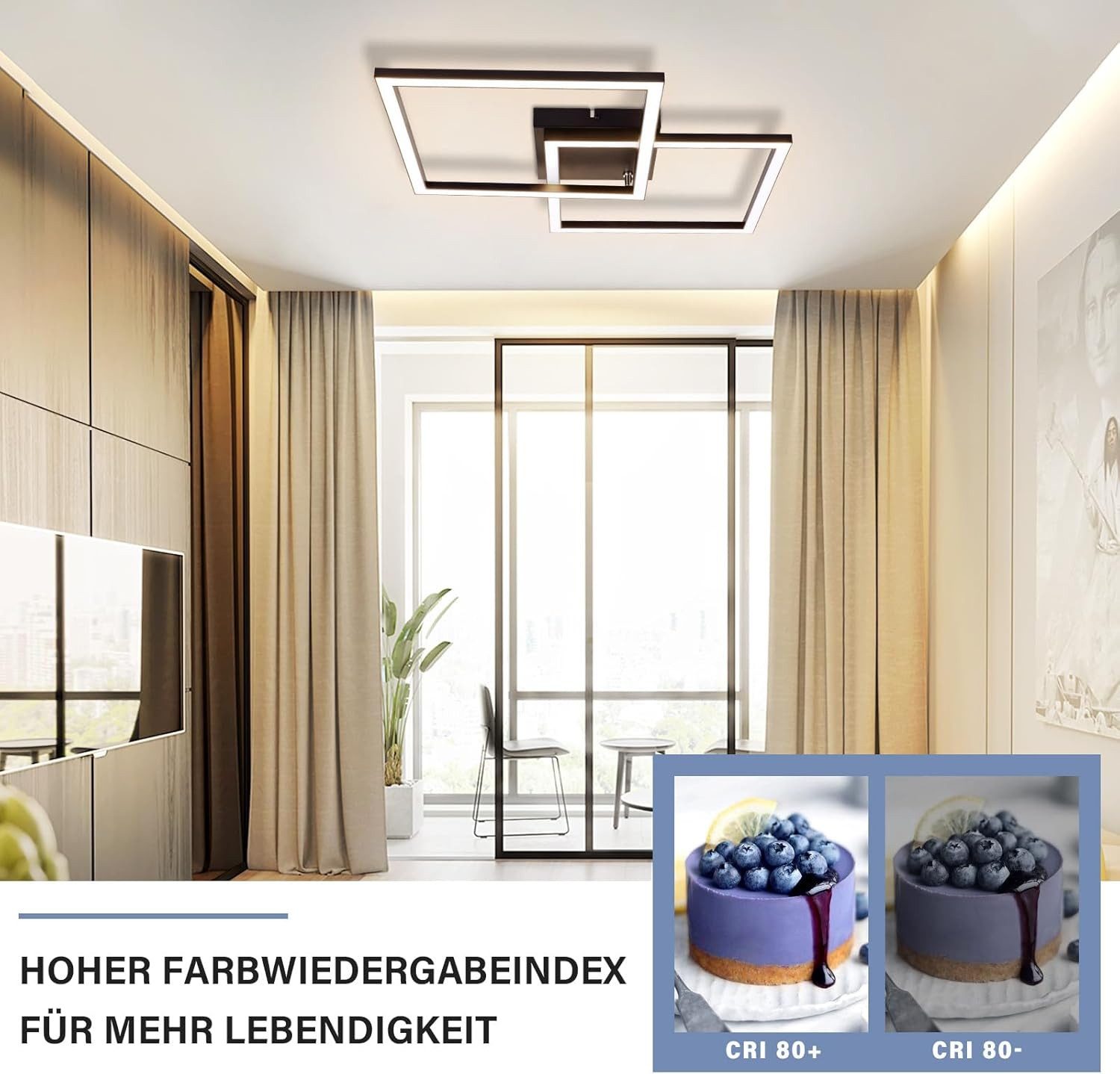Nettlife LED Deckenleuchte Flur Wohnzimmer Schwarz modern Kristall Deckenlampe 12/24W, LED fest integriert, Warmweiß, ohne Kristalle 24W 46.1*46.1*5.8cm für Woh – Bild 4 von 5