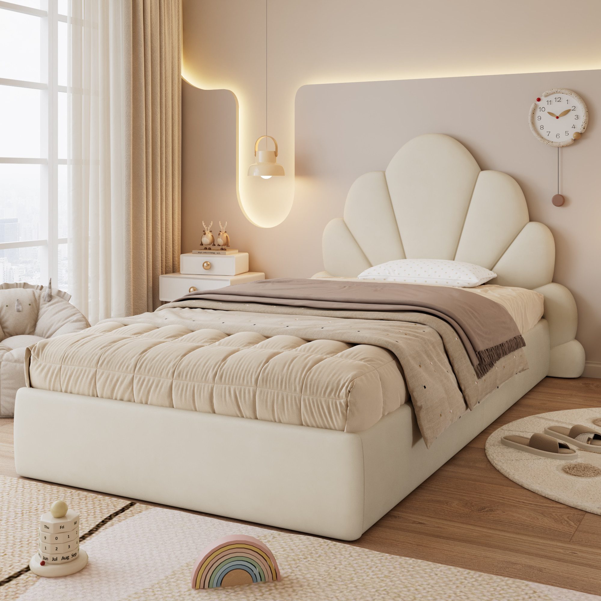REDOM Polsterbett Kinderbet mit Blüten-Kopfteil, Samtbezug, modernes Design (rutschfestes Bodendesign, stabil, ideal für Paare und Jugendliche, 90x200 cm), Inklusive Matratze