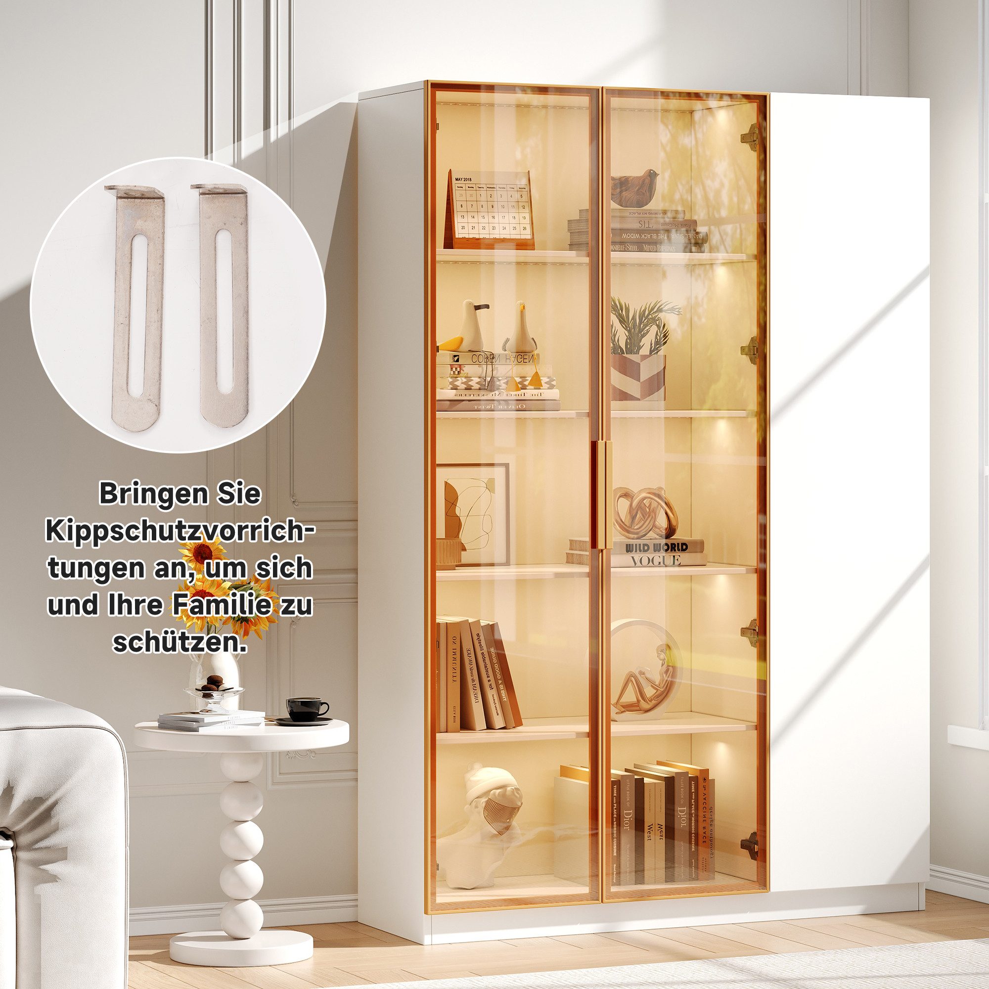 Flieks Glasvitrine Hochschrank mit LED-Beleuchtung, 2 Glastüren und 1 Holztüren (1-St., B110/T35/H165 cm) Standvitrine mit verstellbaren Einlegeböden Vitrinensc – Bild 5 von 5