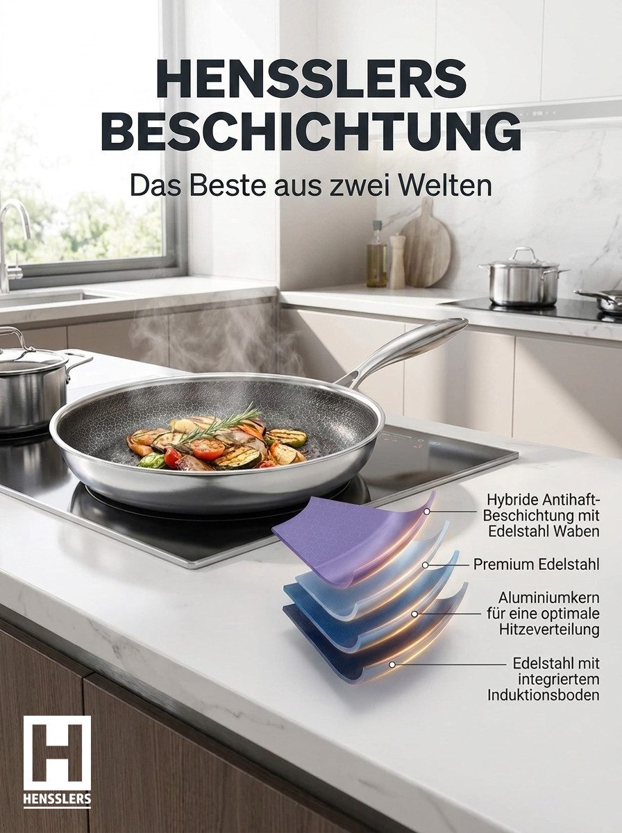 HENSSLERS Bratpfanne, Edelstahl (1-tlg), 3-Schicht Material, Wabenstruktur und Antihaftbeschichtung, Induktion