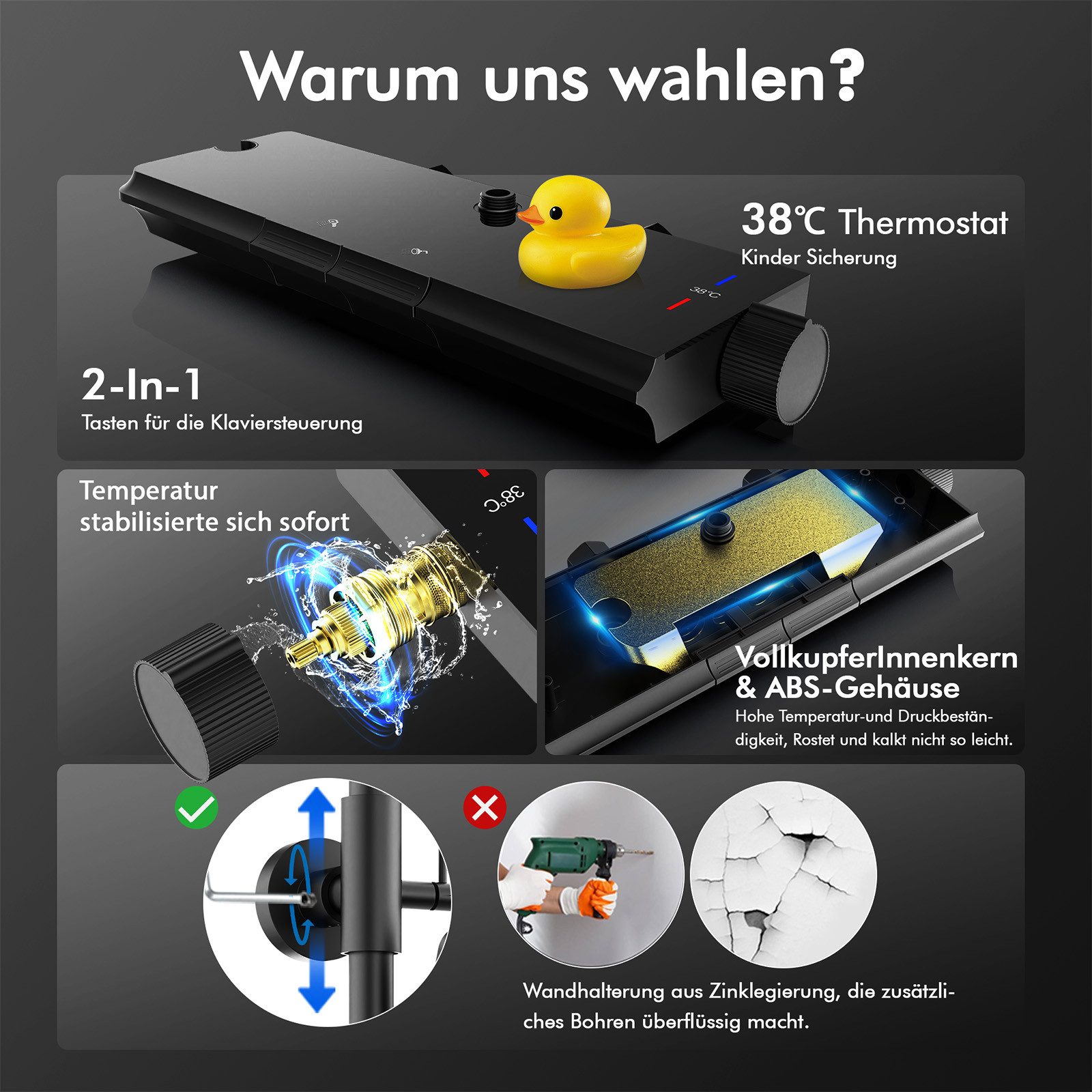 HOMELODY Duschsystem Thermostat Duschsystem Schwarz 30×20 cm mit Glasablage, 2 Strahlart(en), Regendusche, 3-Funktions Handbrause, 400 mm Ablage,G1/2 – Bild 3 von 5