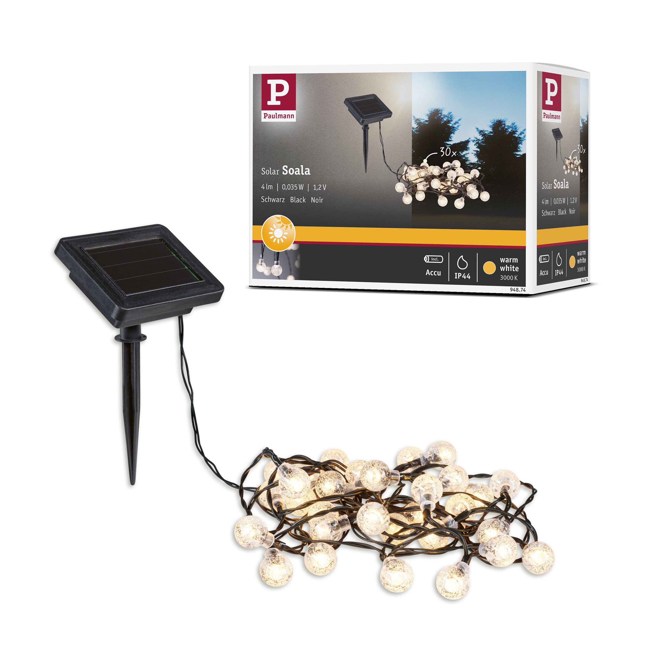 Paulmann LED-Lichterkette Solar LED Lichterkette Soala IP44 3000K 30x3lm Schwarz