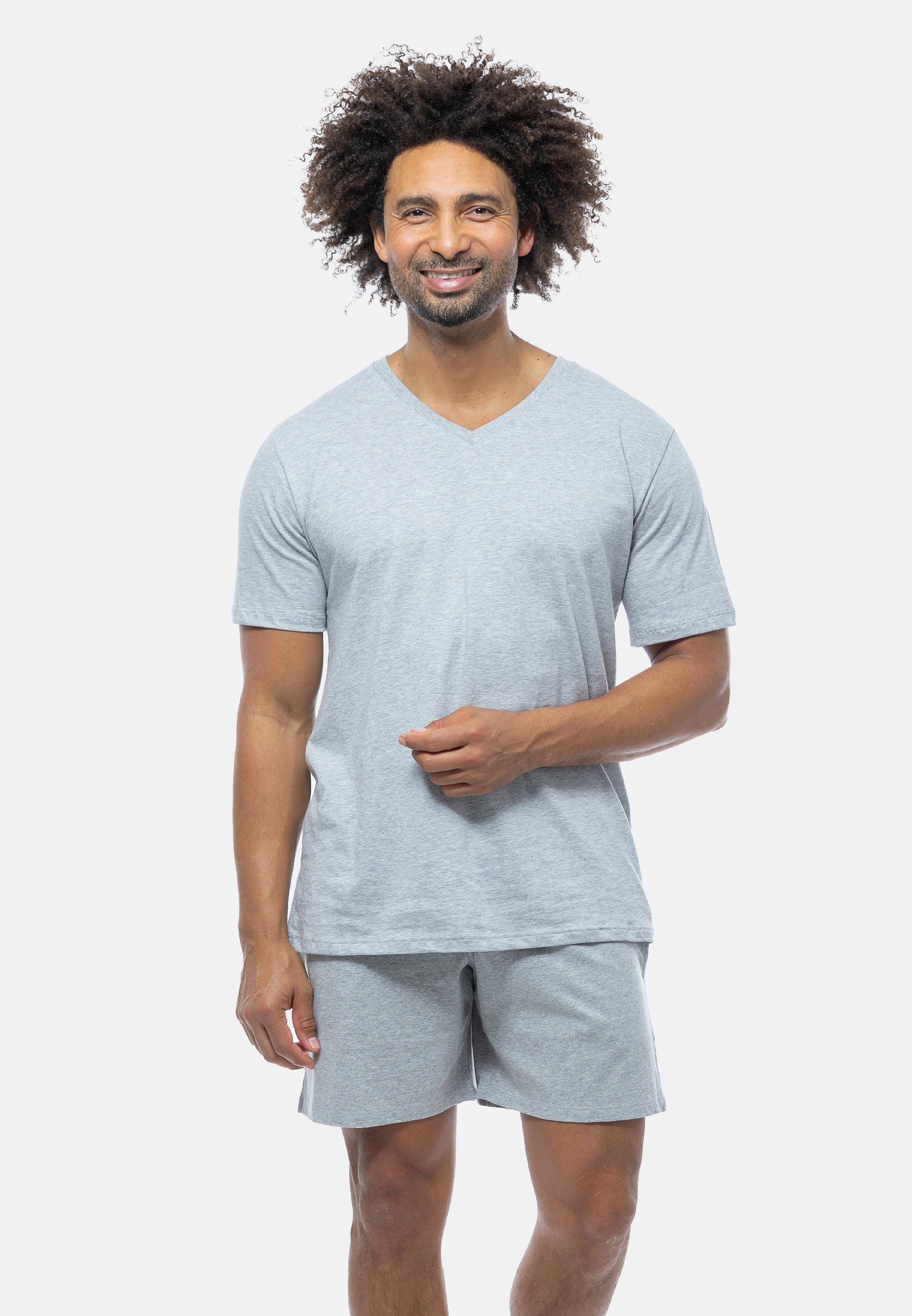 Schiesser Pyjama Mix (Set, 2 tlg) Schlafanzug - Baumwolle - Kurzarm-Shirt mit V-Ausschnitt Grau