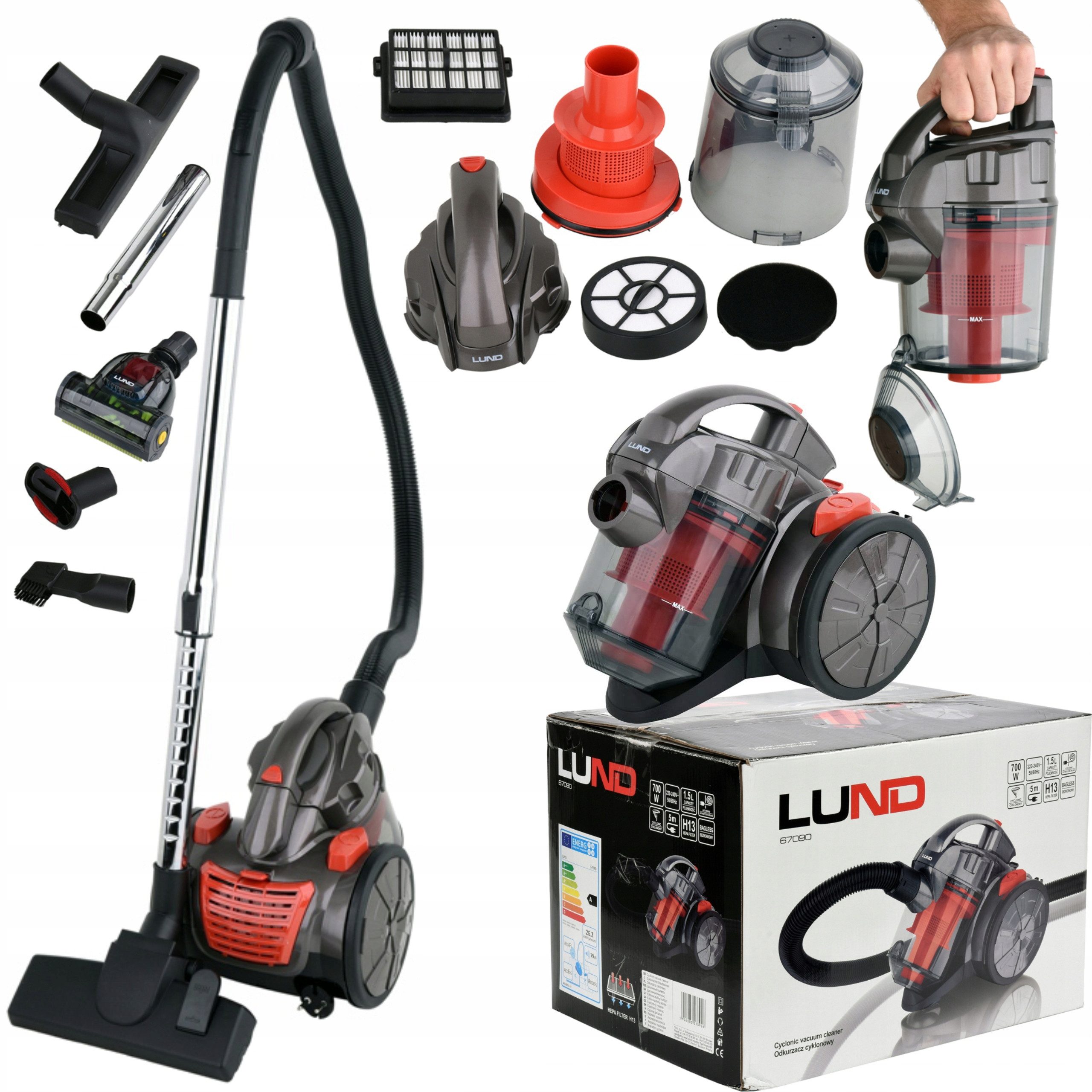 Lund Handstaubsauger Staubsauger 700W, Beutellos mit 5 Bürsten, HEPA-Filter 33x23x26cm, 700 W, beutellos, kompakt