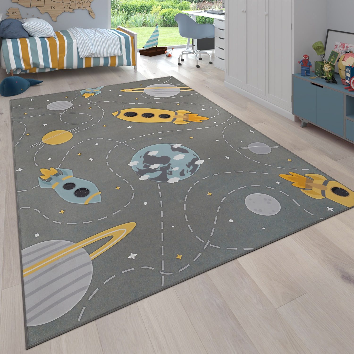 KADIMA DESIGN Kinderteppich waschmaschinenwaschbar Weltraumraketen‑Muster Kinderteppich, Quadrat, Höhe: 4 mm, 100% Polyester, Rücken aus …