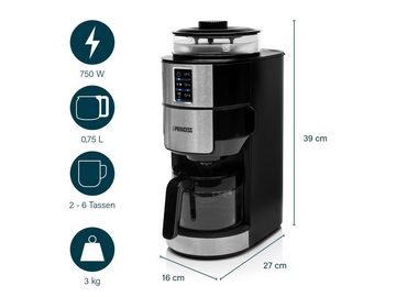 PRINCESS Filterkaffeemaschine, für 6 Tassen mit Mahlwerk für Bohnen & abnehmbarem Wassertank