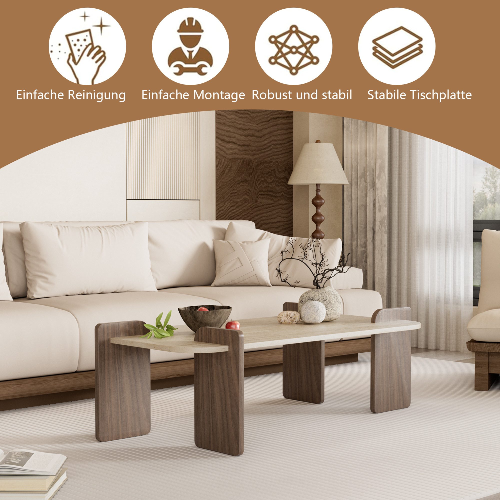 TWSOUL Couchtisch modern 60x120 cm, Design Wohnzimmertisch in Steinoptik & Holzoptik, breite Tischplatte, stabil & pflegeleicht, Braun