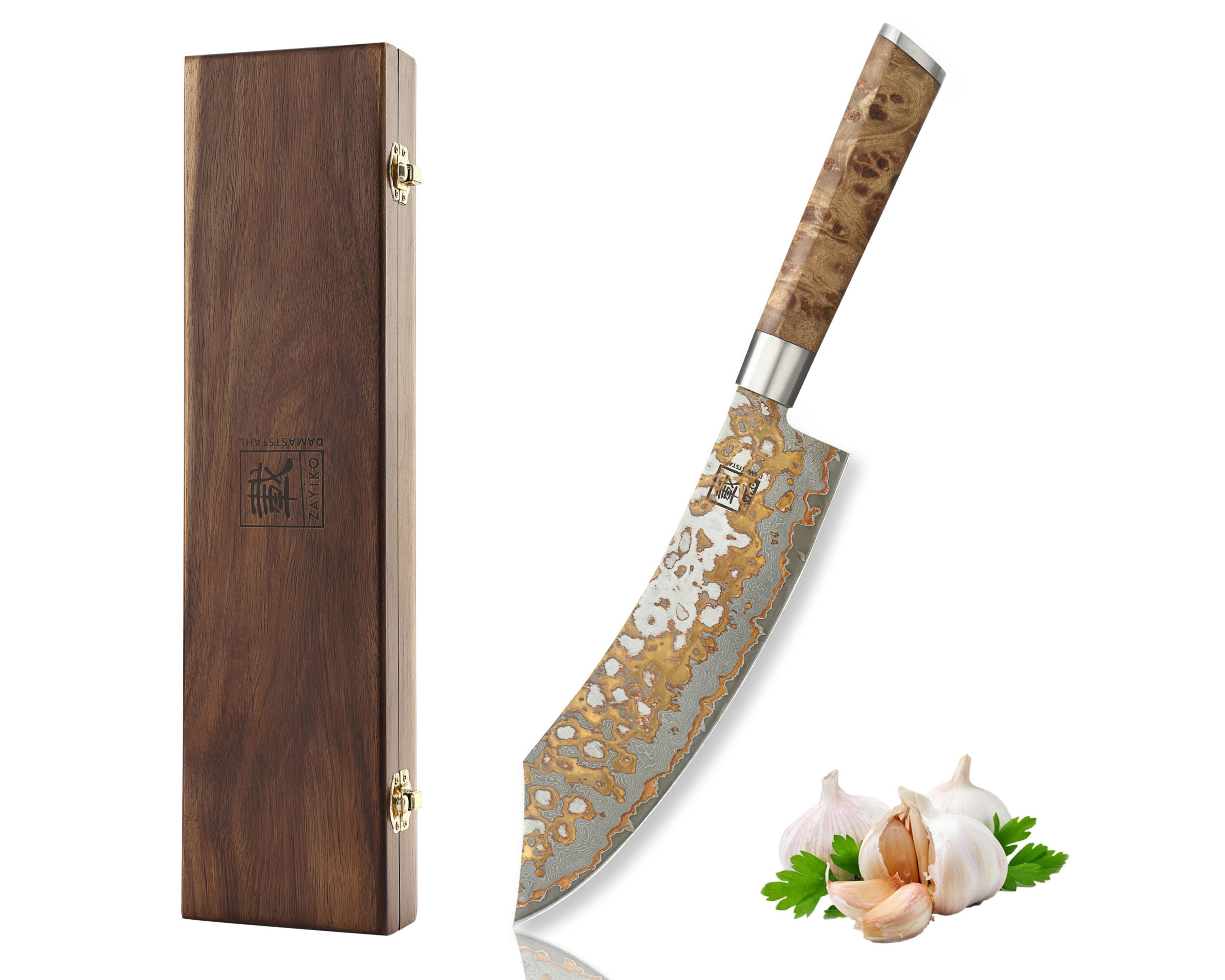 Allzweckmesser MysticMagma Blockmesser I 20cm Kupfer-Damastklinge I Ahornholzgriff
