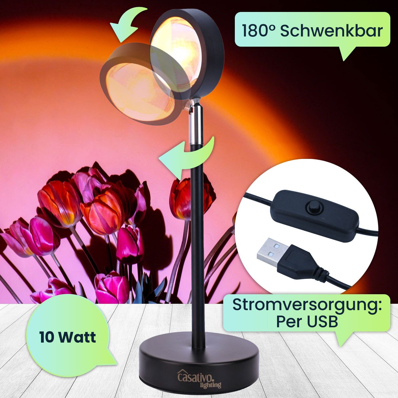 Casativo Projektionslampe LED-Sonnenuntergang Projektionslicht 180°-schwenkbar Deko-Beleuchtung, 10 Watt Leistungsaufnahme, LED fest integriert, Sunset-Projektor 180° schwenkbar, echtes Alu, 10W LED & USB-Anschluss