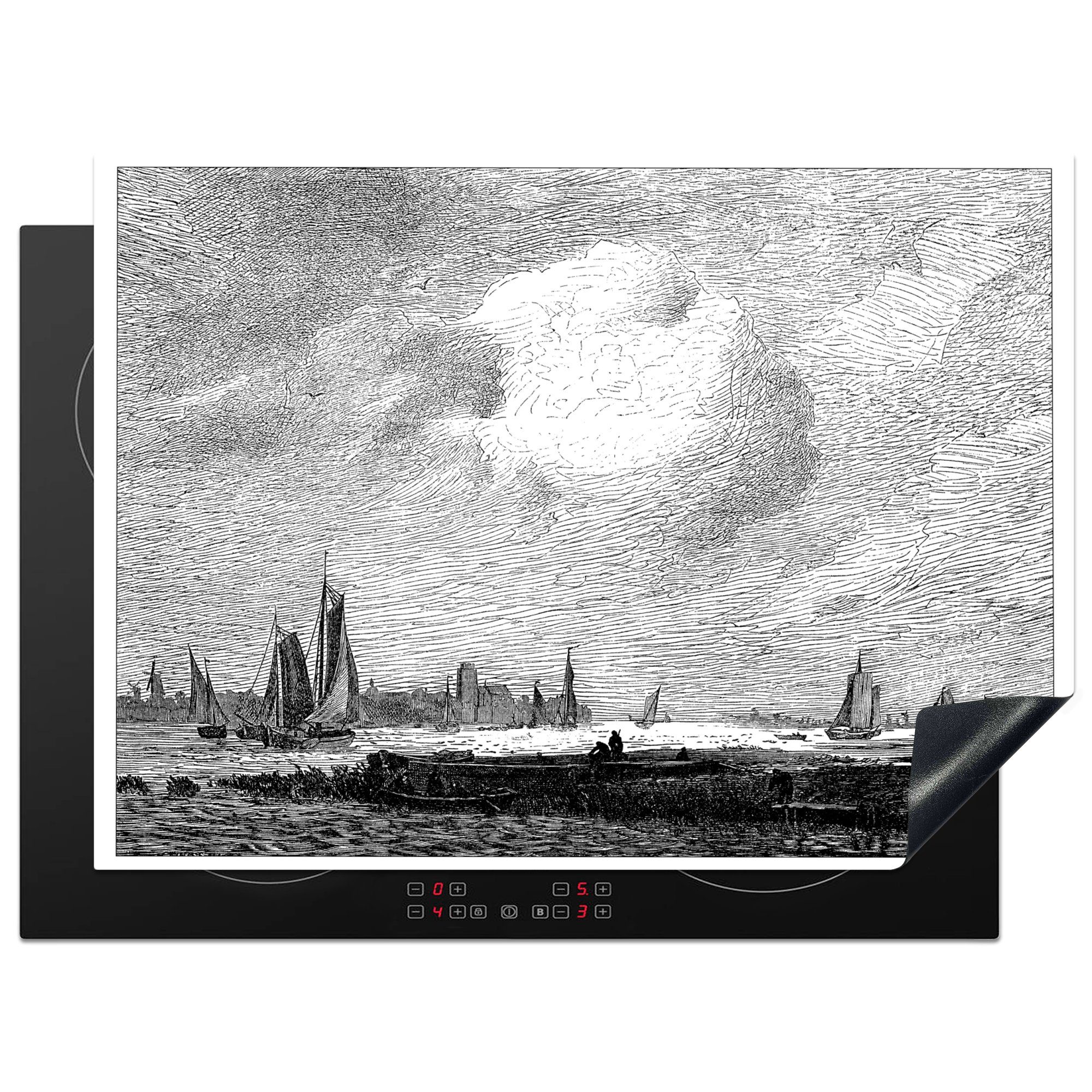 MuchoWow Herdblende-/Abdeckplatte Eine Schwarz-Weiß-Abbildung der Oude Maas in Dordrecht, Vinyl, (1 tlg), 70x52 cm, Mobile Arbeitsfläche nutzbar, Ceranfeldabdeckung