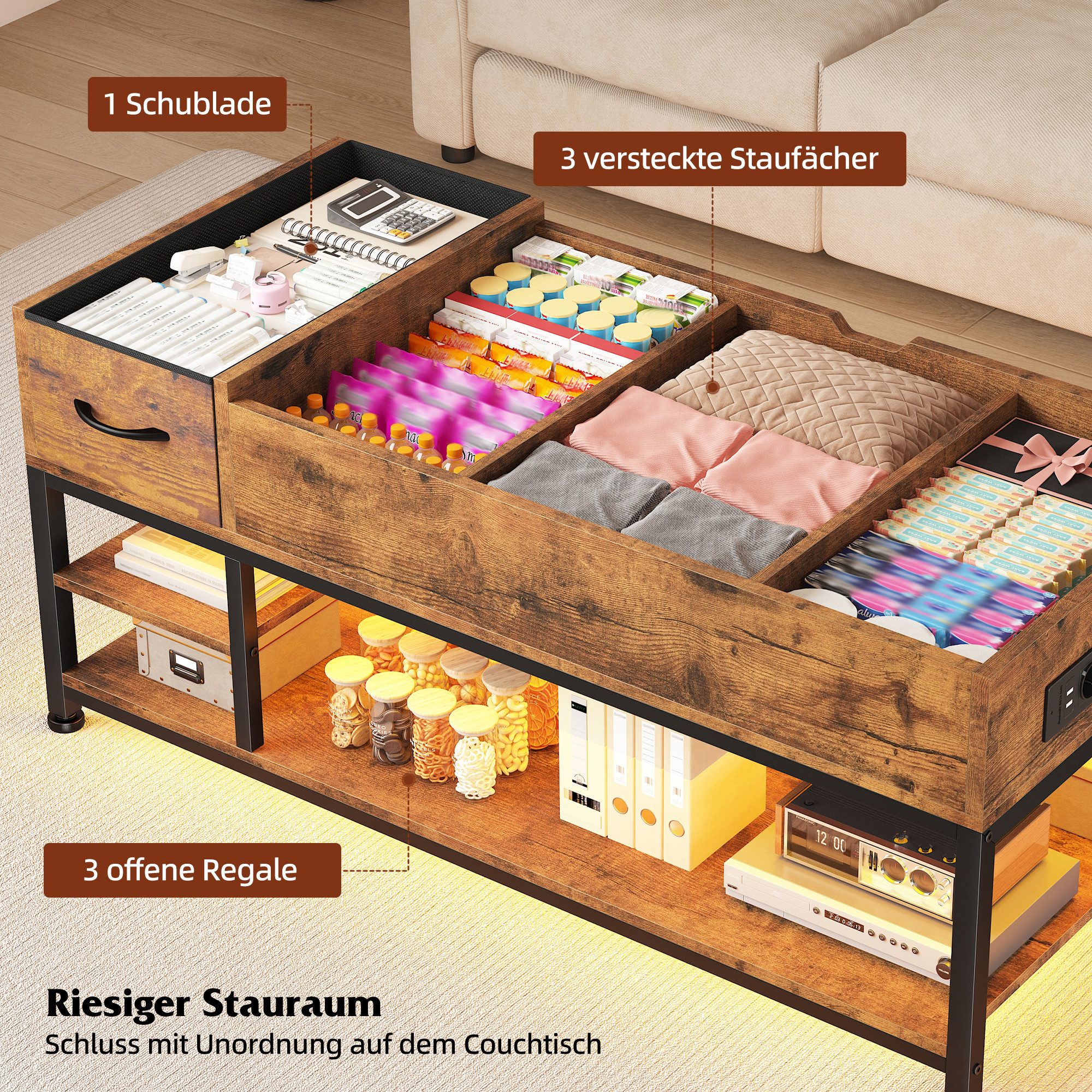 Klyvvo Couchtisch Höhenverstellbar mit LED und Stauraum, 4-in-1 Wohnzimmertisch (1-St), Steckdosen, USB, Coffee Table für Wohnzimmer, Büro, 1 Schubladen – Bild 5 von 5
