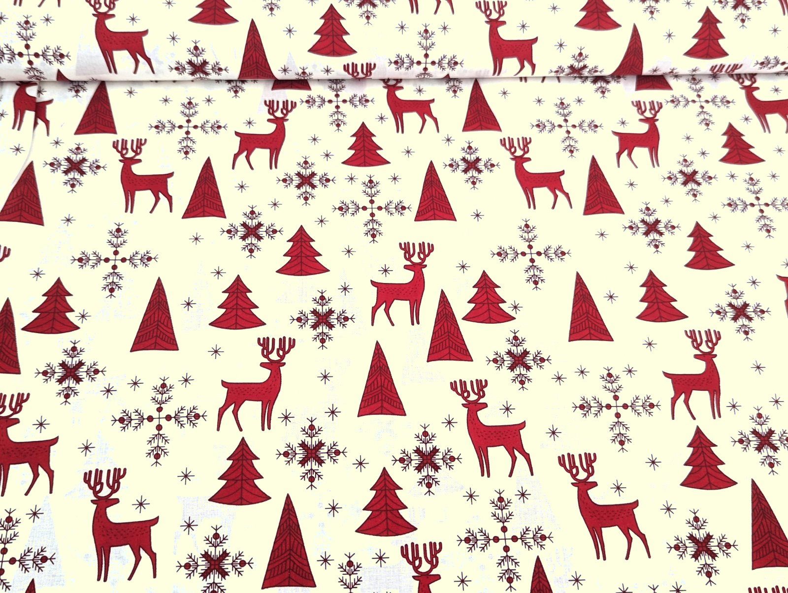 Thumbnail - Corileo Stoff Baumwollstoff Weihnachten Rentier Schneeflocke Baum Ecru Stoff