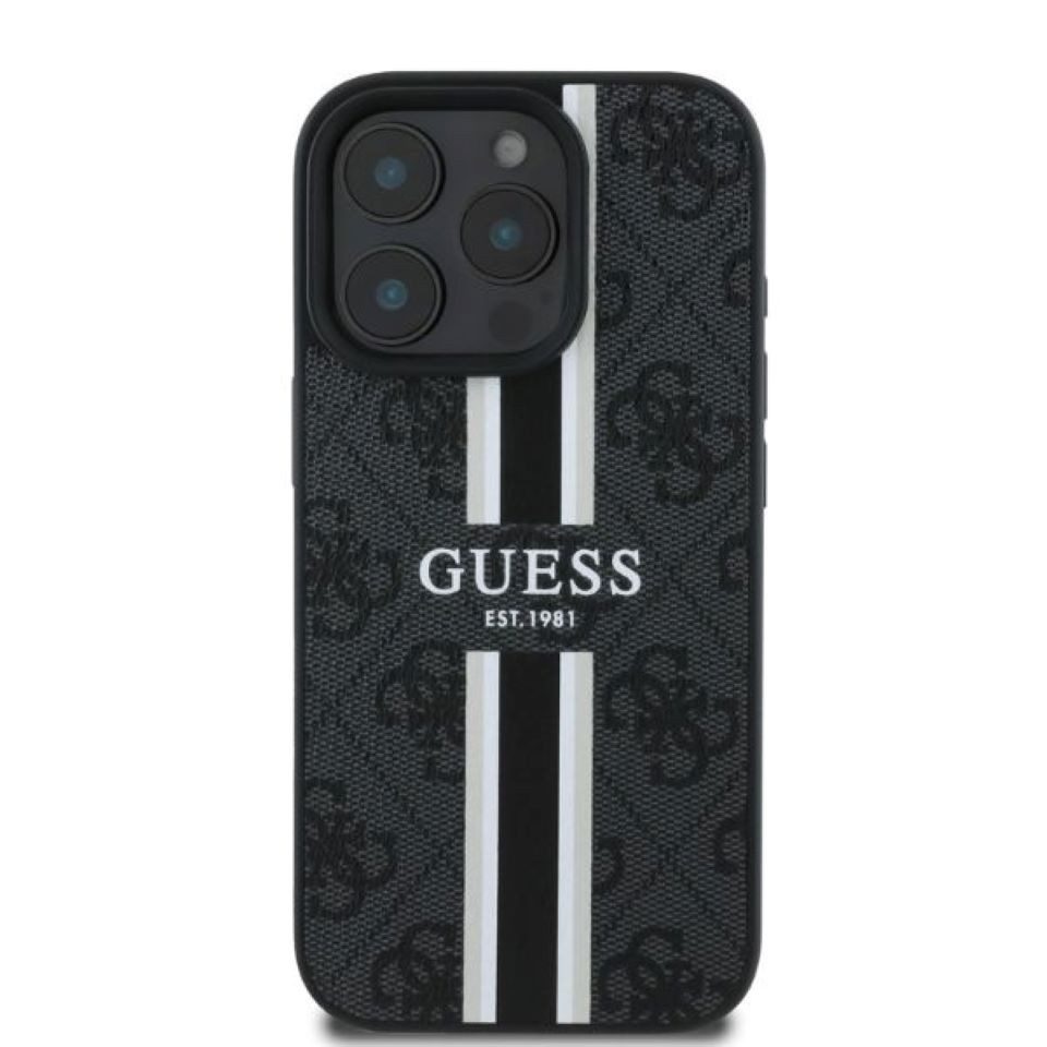 Guess Handyhülle iPhone 16 Pro Max Kunstleder grau Streifen Logo MagSafe 6,9 Zoll, Kantenschutz